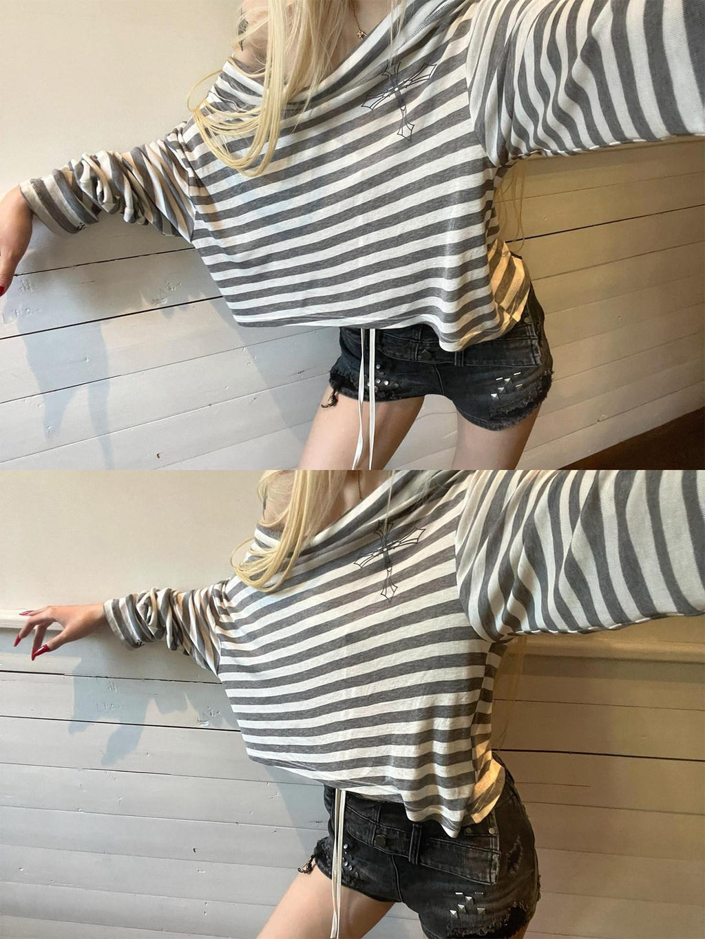 Rase le sol Striped Asymmetrical Off Shoulder Oversized Women's Long Sleeve T-shirts