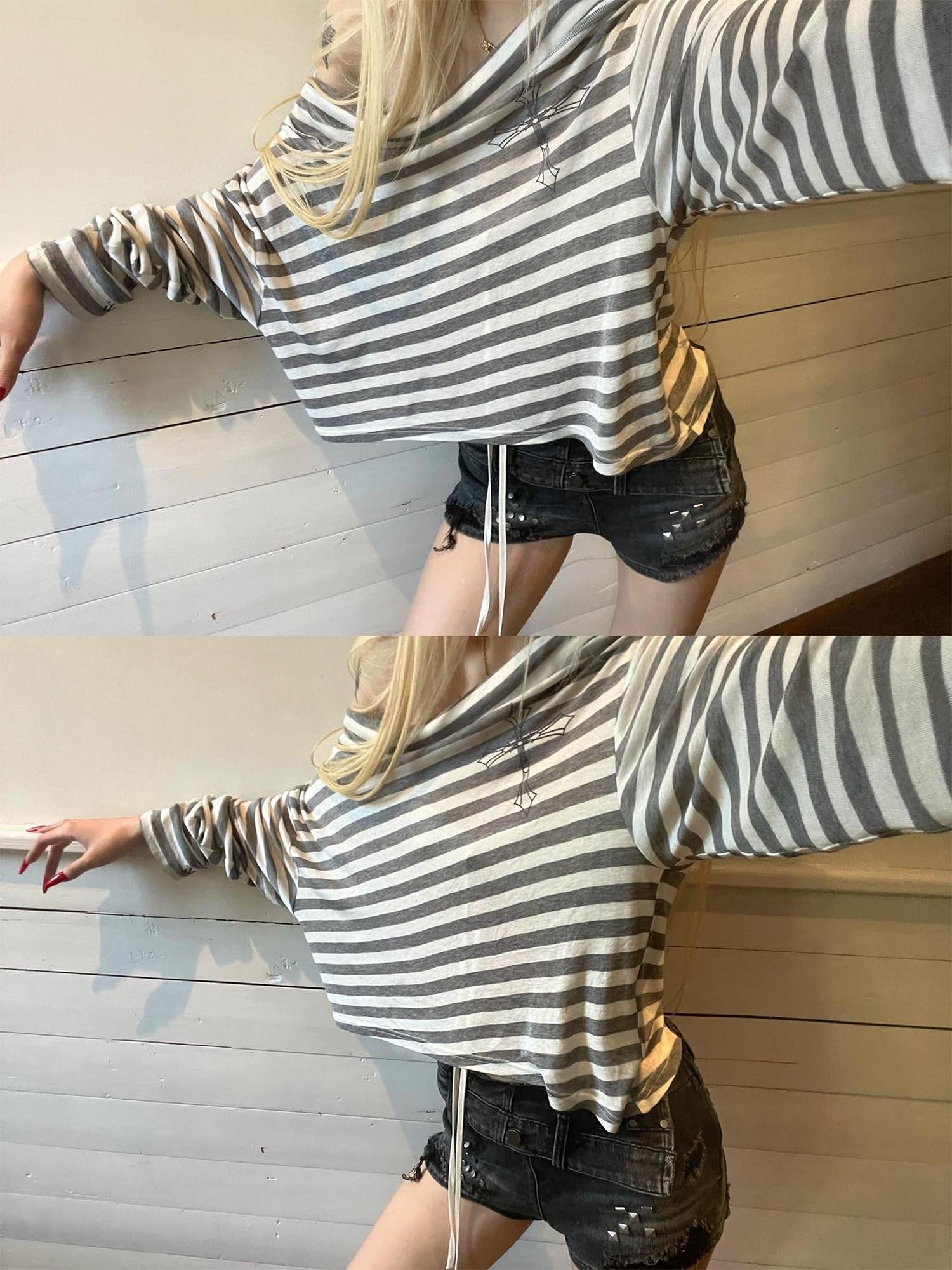 Rase le sol Striped Asymmetrical Off Shoulder Oversized Women's Long Sleeve T-shirts