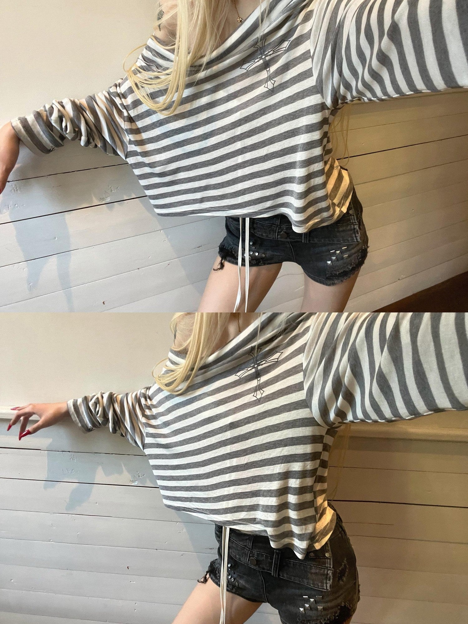 Rase le sol Striped Asymmetrical Off Shoulder Oversized Women's Long Sleeve T-shirts