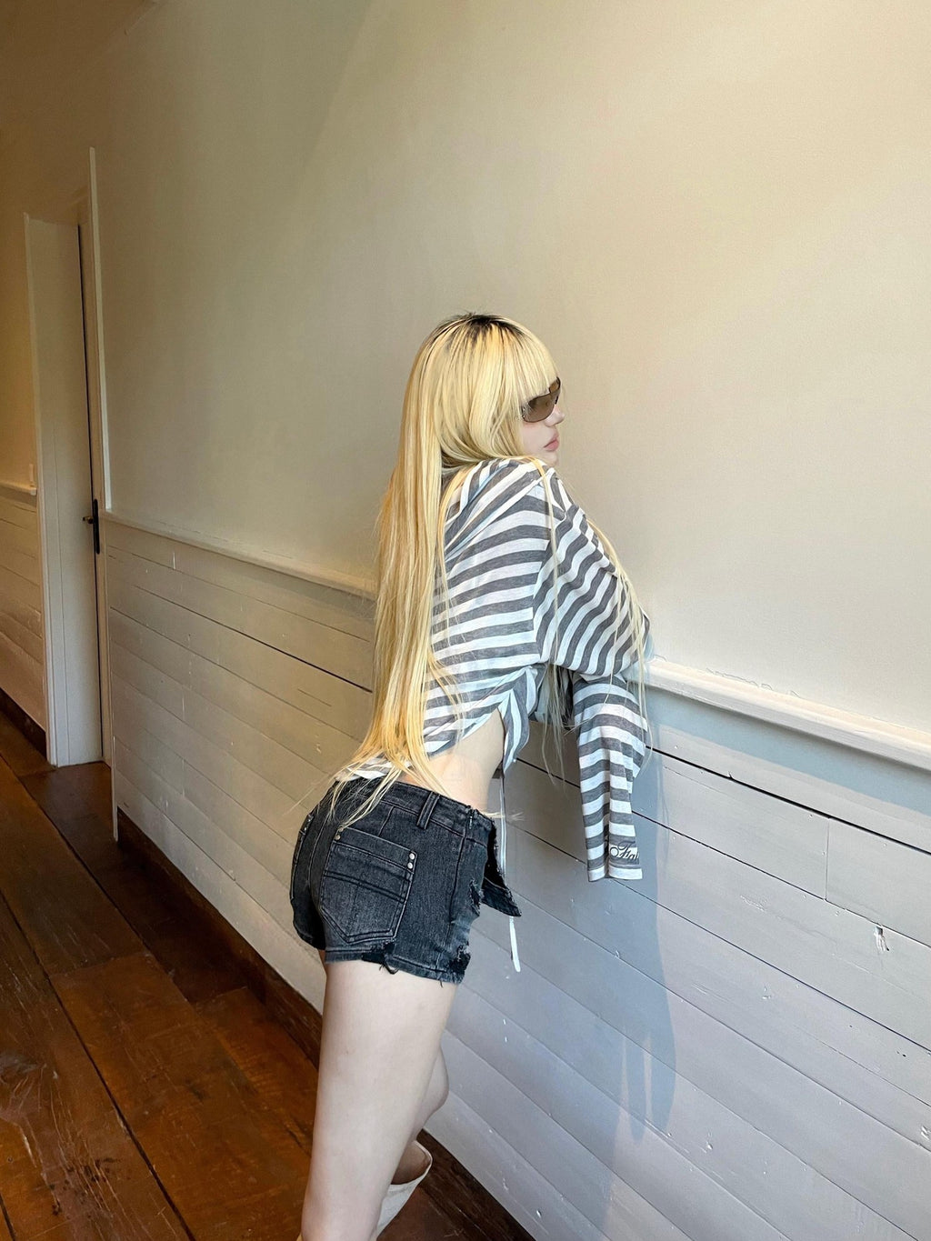 Rase le sol Striped Asymmetrical Off Shoulder Oversized Women's Long Sleeve T-shirts