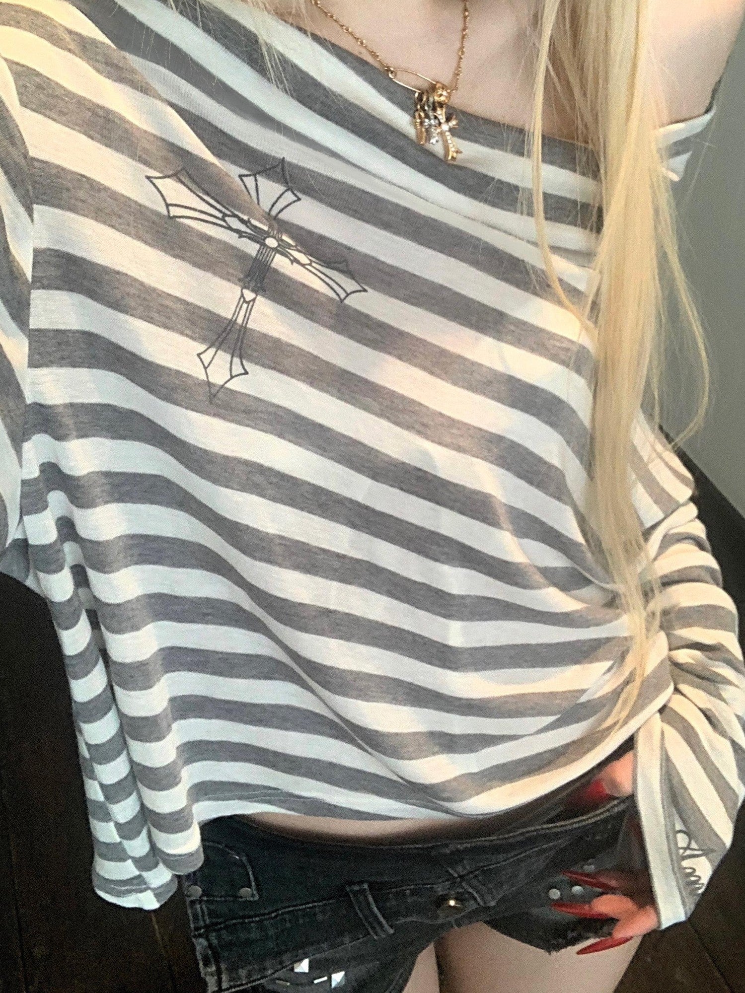 Rase le sol Striped Asymmetrical Off Shoulder Oversized Women's Long Sleeve T-shirts
