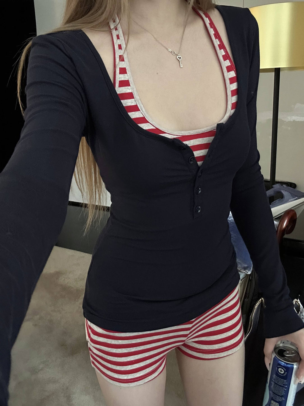 Rase_le_sol_Striped_Layered_Henley_Neck_Slim_Fit_Women's_Knit_Casual_Top_&_Shorts_Sets_1075401705964_MISSTT