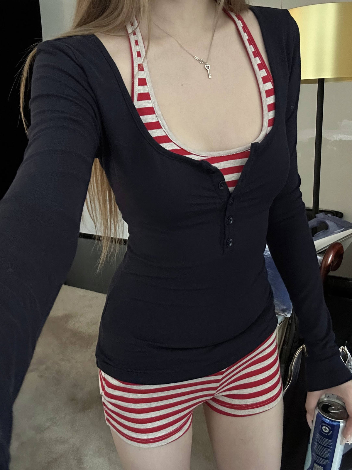 Rase_le_sol_Striped_Layered_Henley_Neck_Slim_Fit_Women's_Knit_Casual_Top_&_Shorts_Sets_1075401705964_MISSTT
