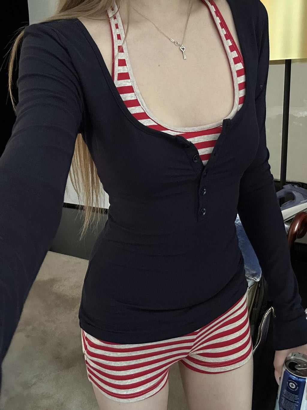 Rase le sol Striped Layered Henley Neck Slim Fit Women's Knit Casual Top & Shorts Sets