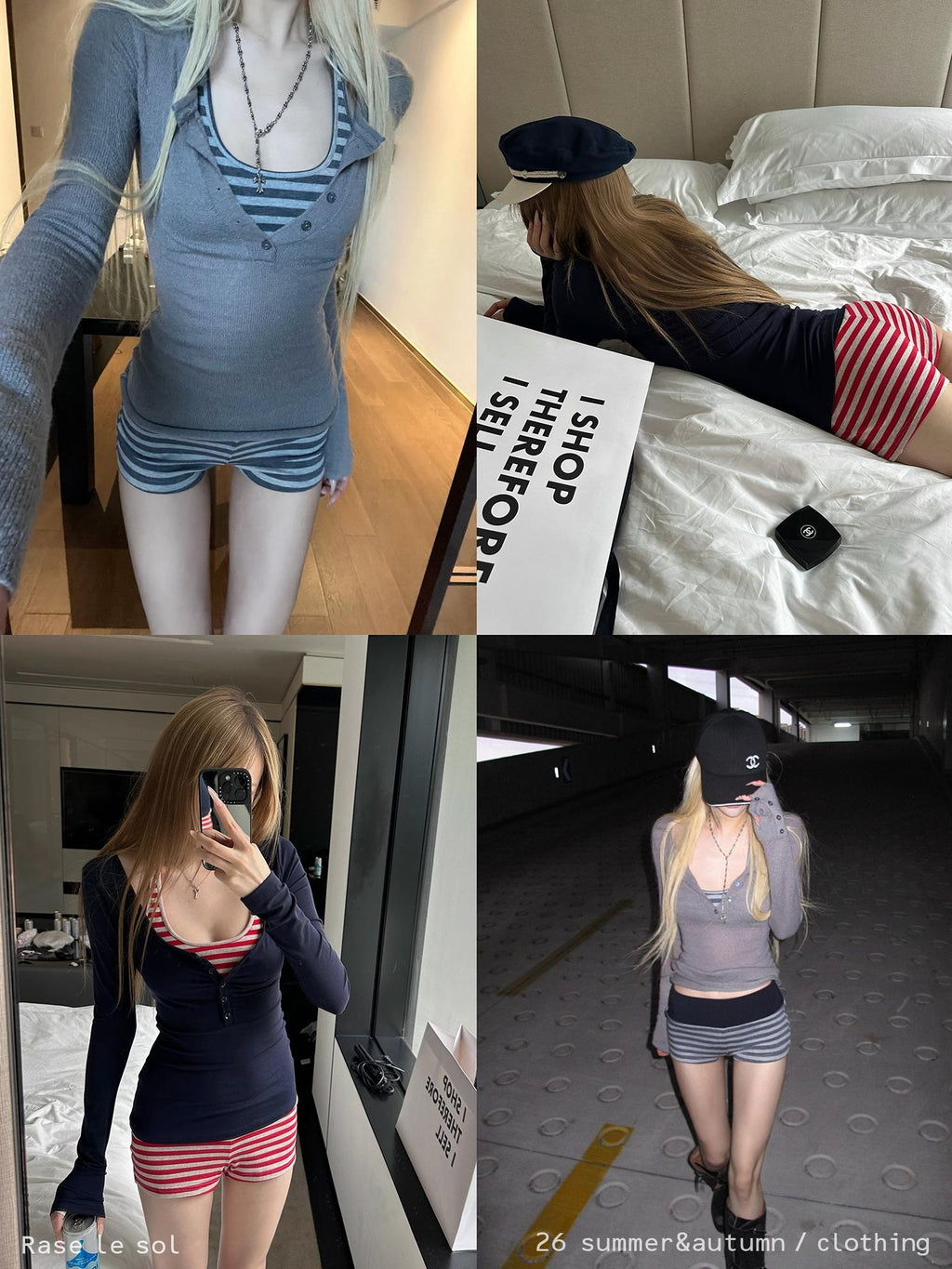 Rase le sol Striped Layered Henley Neck Slim Fit Women's Knit Casual Top & Shorts Sets