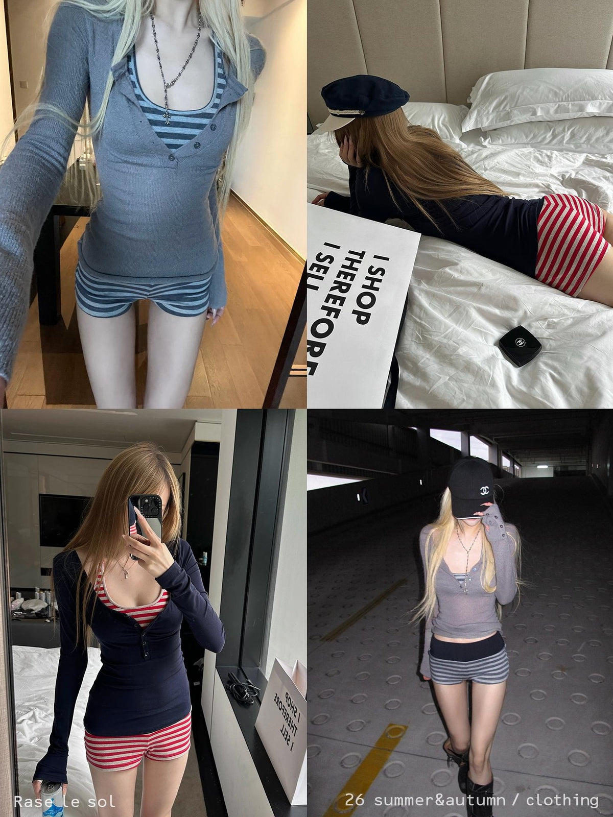 Rase le sol Striped Layered Henley Neck Slim Fit Women's Knit Casual Top & Shorts Sets