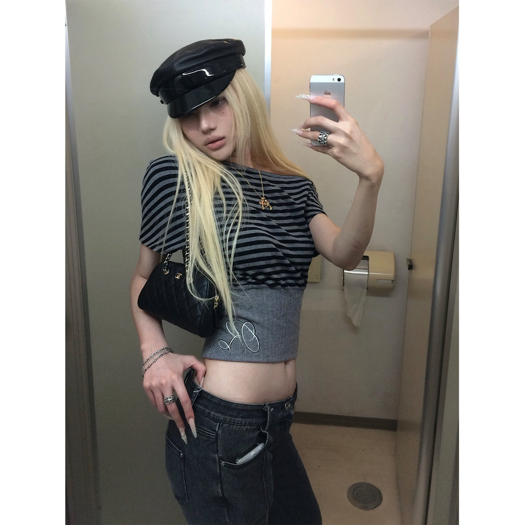 Rase_le_sol_Striped_Panelled_Slanted_Shoulder_Short_Sleeve_Waist_Cinch_Women's_Crop_Tops_1058679184029_MISSTT
