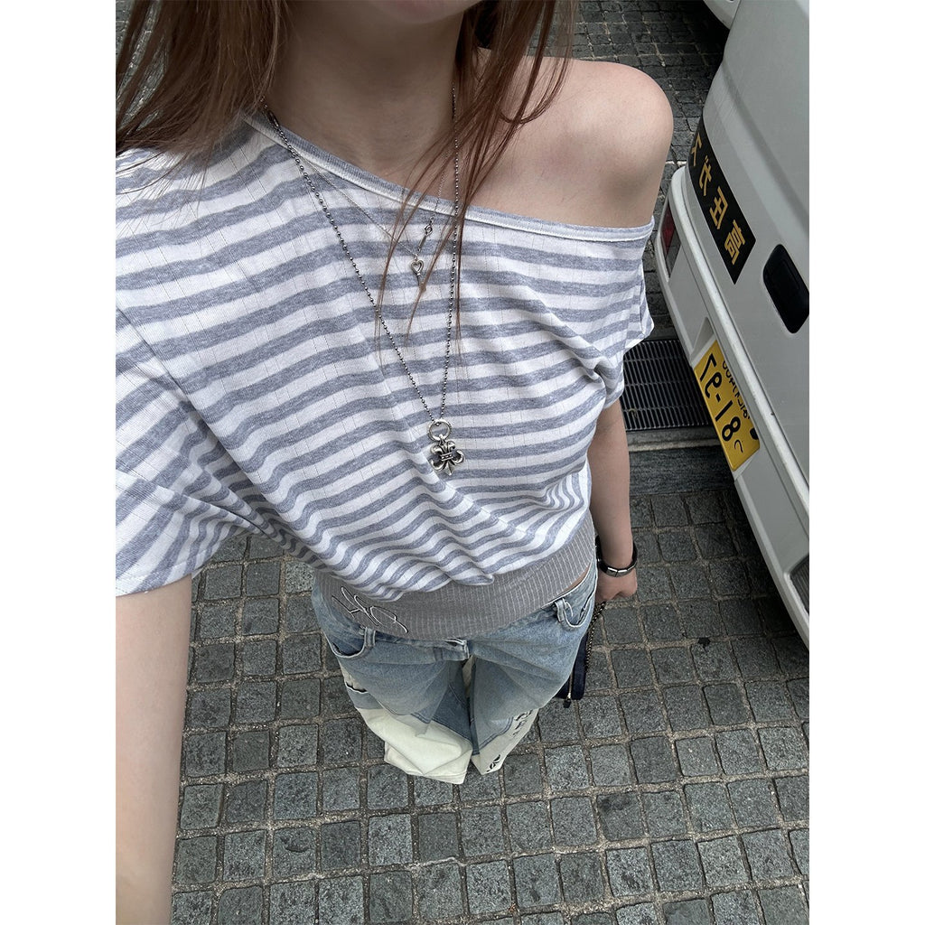 Rase_le_sol_Striped_Panelled_Slanted_Shoulder_Short_Sleeve_Waist_Cinch_Women's_Crop_Tops_1058679184029_MISSTT