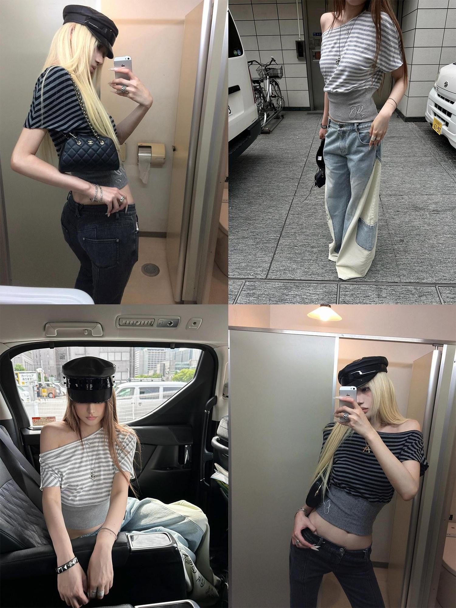 Rase le sol Striped Panelled Slanted Shoulder Short Sleeve Waist Cinch Women's Crop Tops