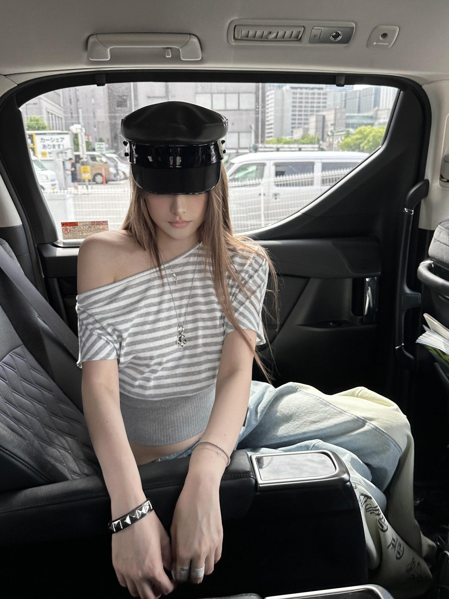 Rase le sol Striped Panelled Slanted Shoulder Short Sleeve Waist Cinch Women's Crop Tops