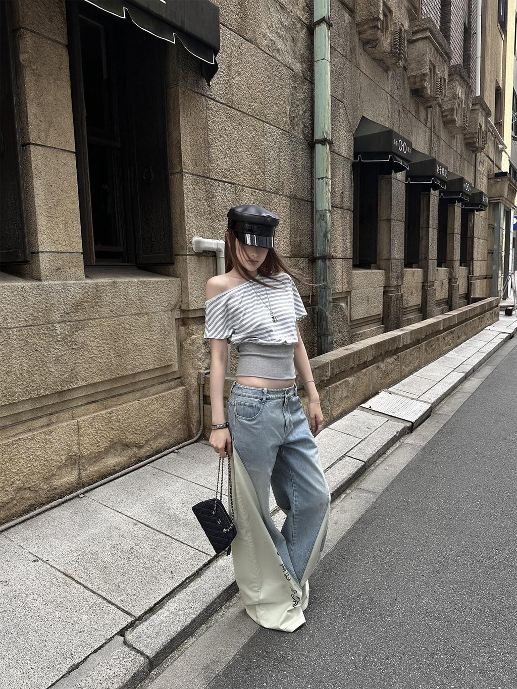 Rase le sol Striped Panelled Slanted Shoulder Short Sleeve Waist Cinch Women's Crop Tops