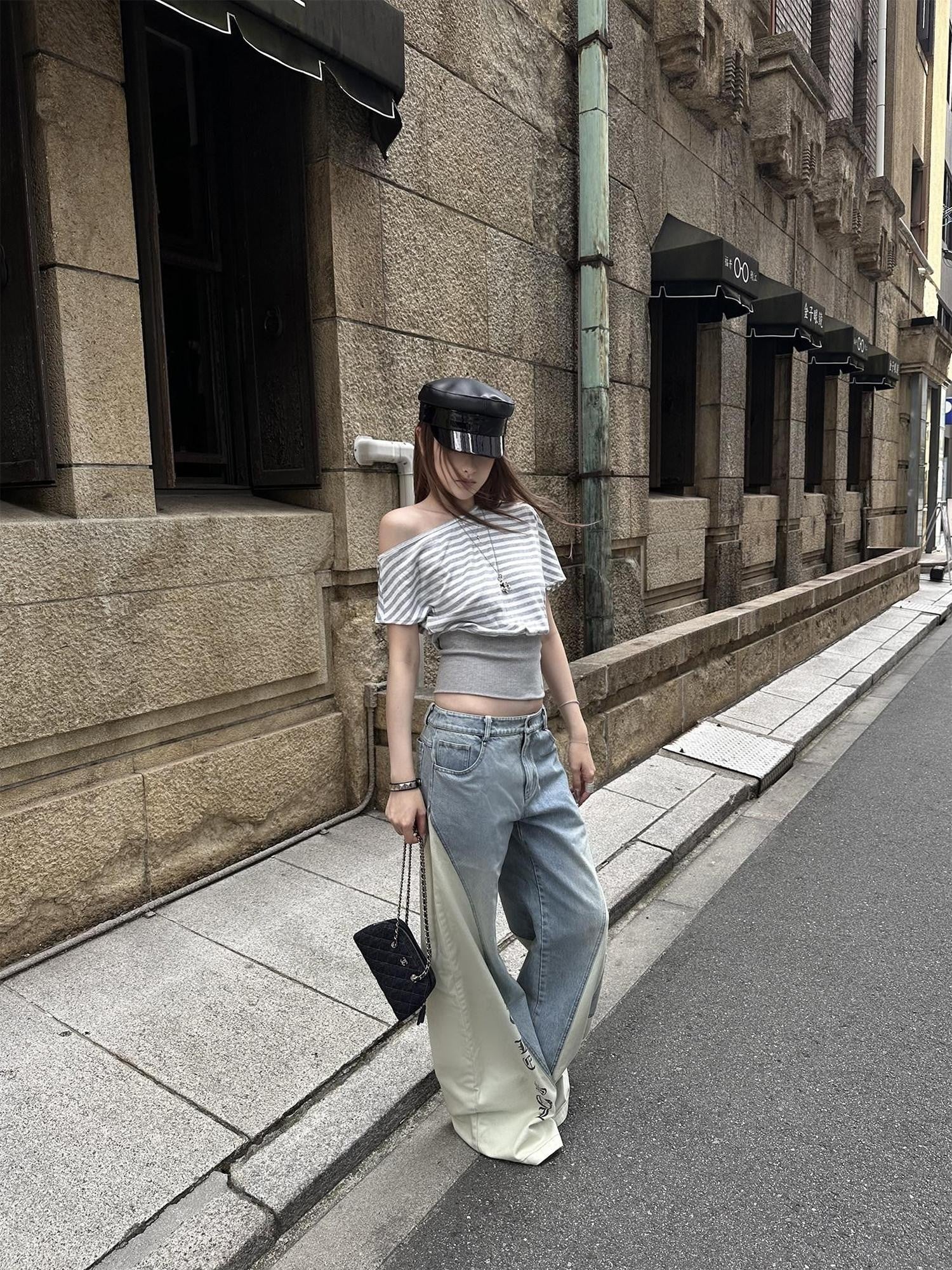 Rase le sol Striped Panelled Slanted Shoulder Short Sleeve Waist Cinch Women's Crop Tops