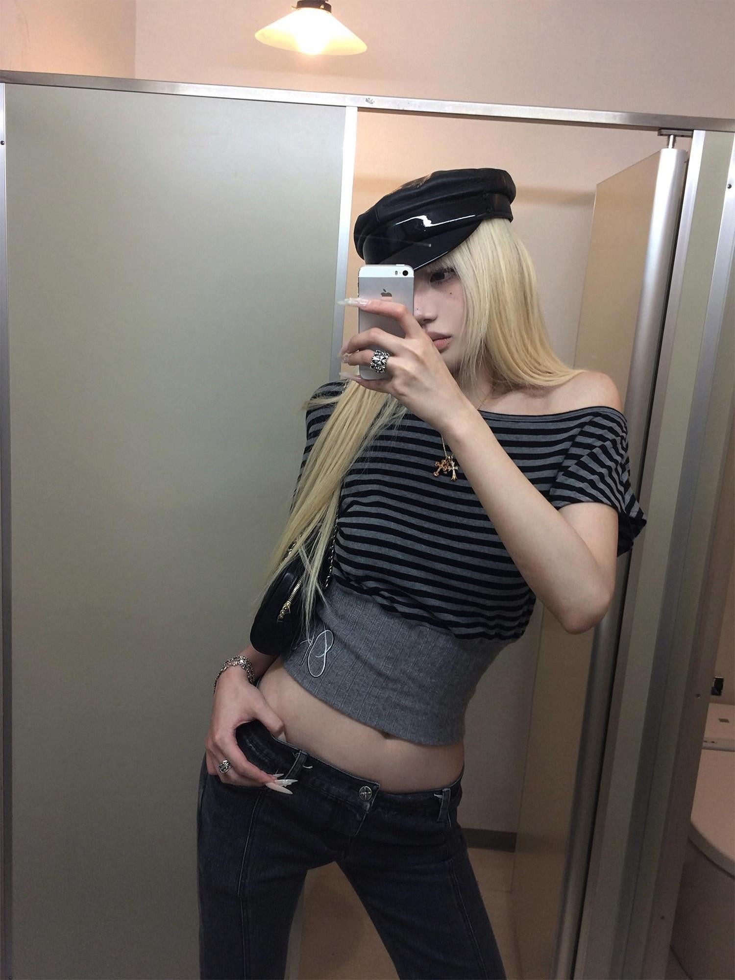 Rase le sol Striped Panelled Slanted Shoulder Short Sleeve Waist Cinch Women's Crop Tops