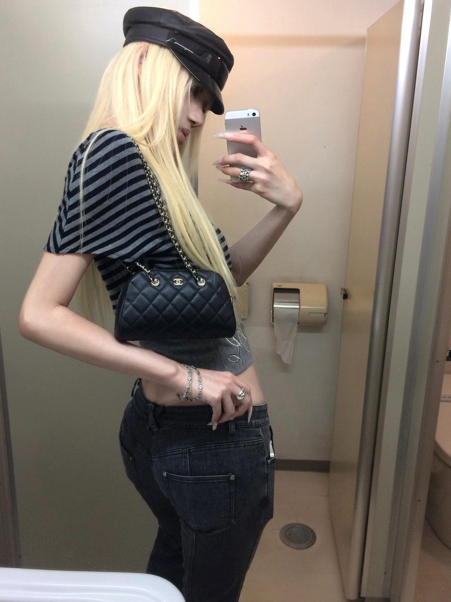 Rase le sol Striped Panelled Slanted Shoulder Short Sleeve Waist Cinch Women's Crop Tops