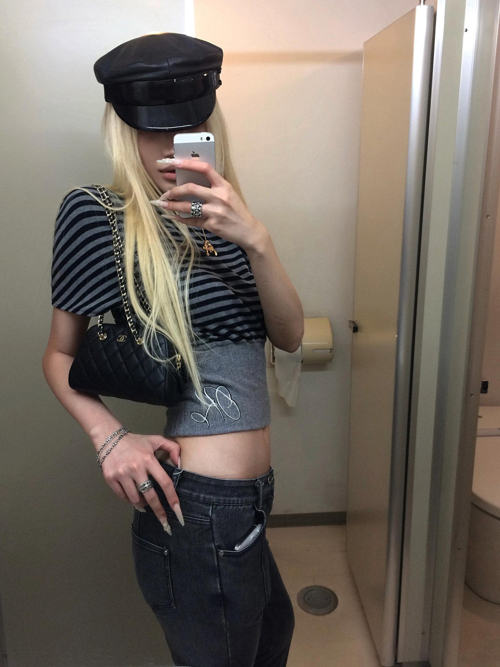 Rase le sol Striped Panelled Slanted Shoulder Short Sleeve Waist Cinch Women's Crop Tops