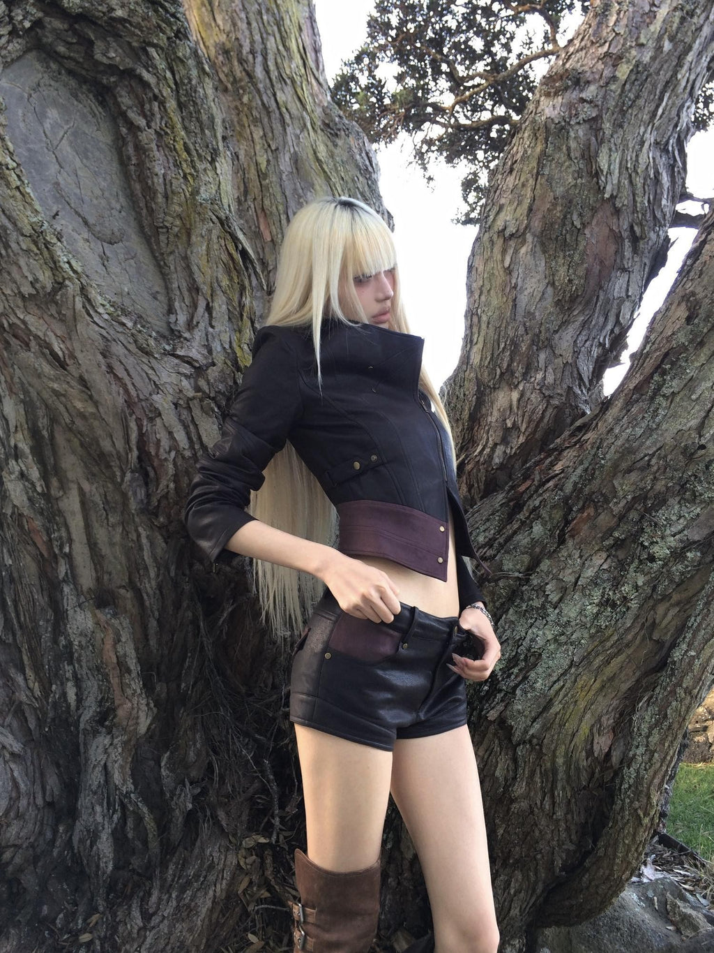Rase le sol Studded Cropped Long Sleeve Women's Polyester Leather Jackets