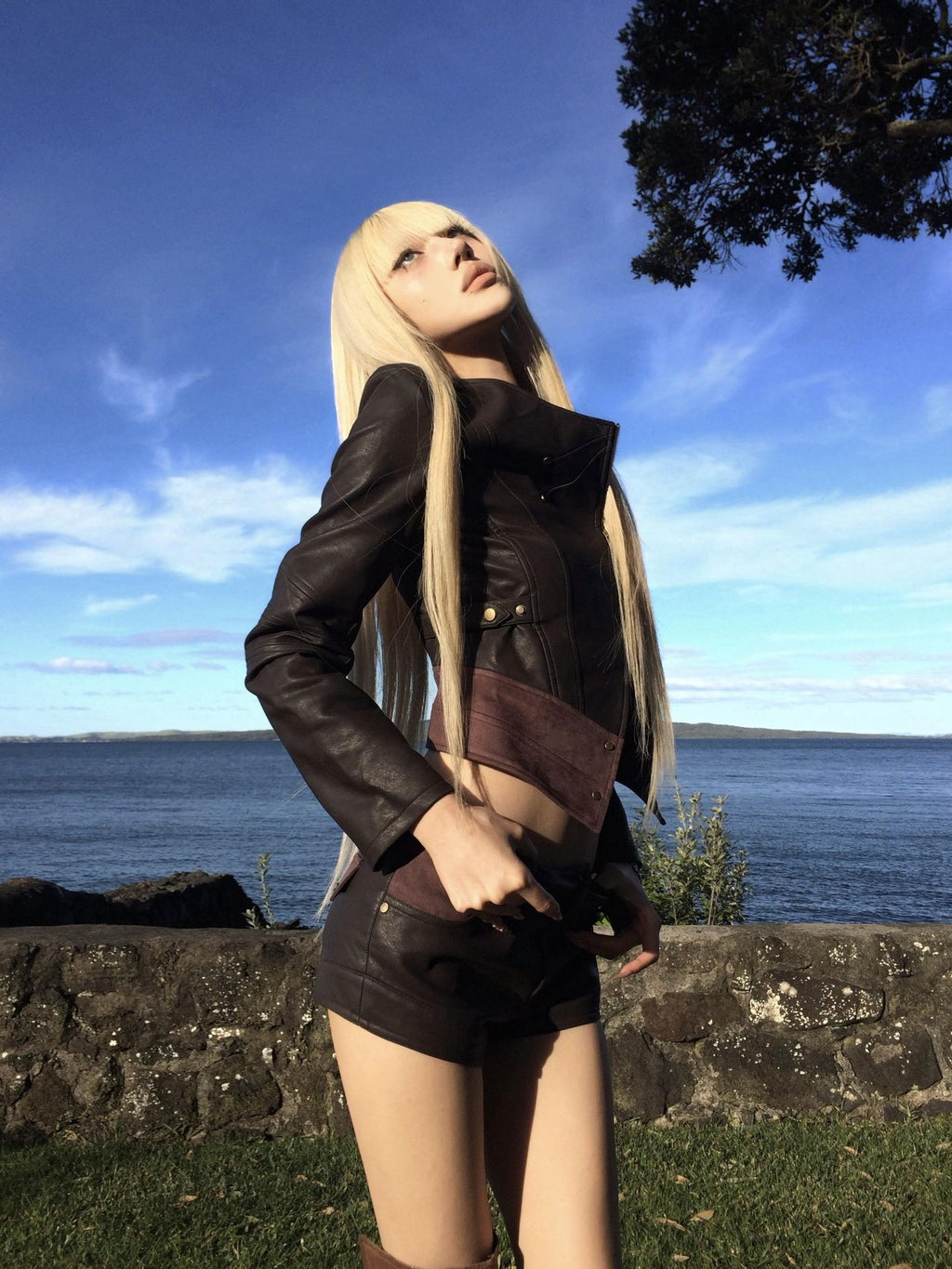 Rase le sol Studded Cropped Long Sleeve Women's Polyester Leather Jackets