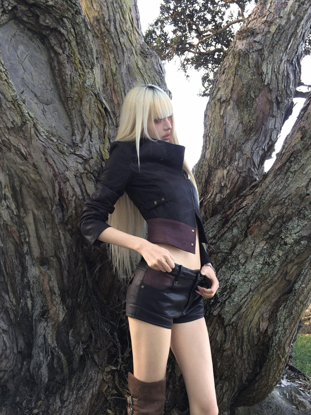 Rase le sol Studded Cropped Long Sleeve Women's Polyester Leather Jackets