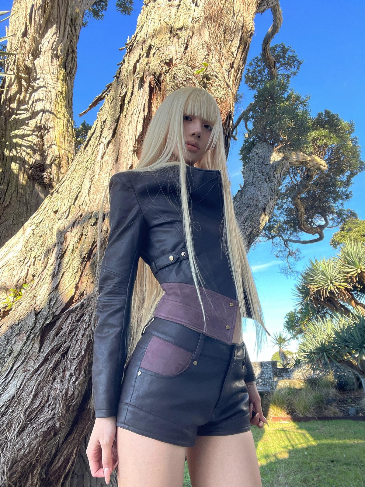 Rase le sol Studded Cropped Long Sleeve Women's Polyester Leather Jackets