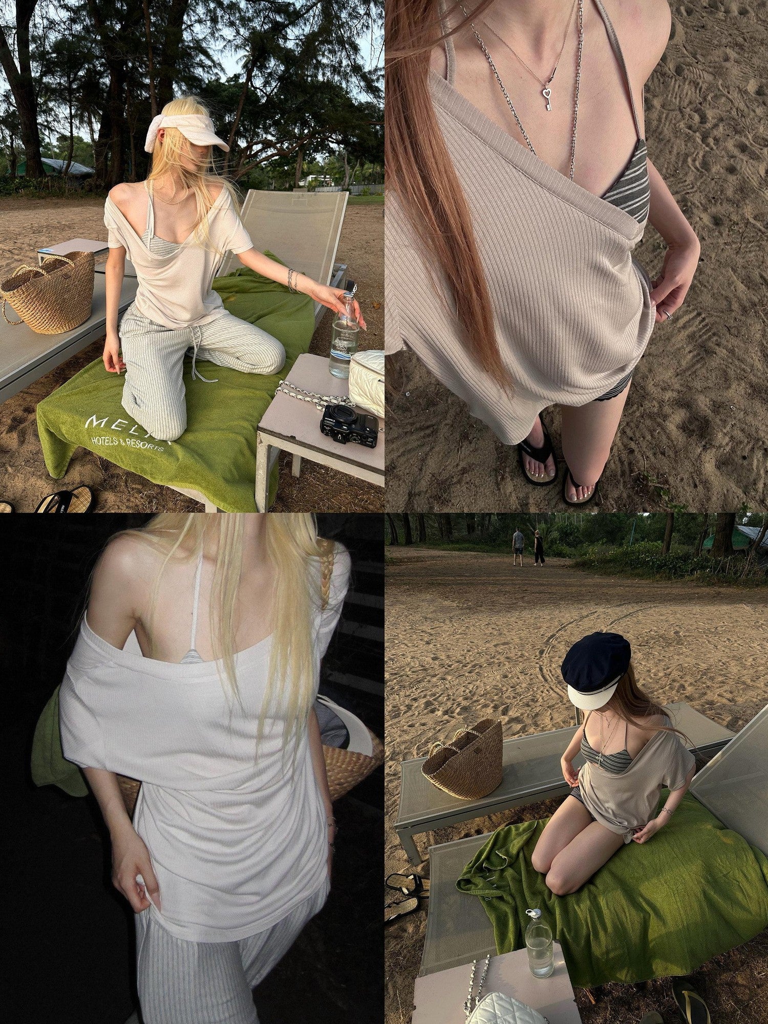 Rase le sol Sunlit Coast V-neck Loose Two Piece Cami Set Women's Short Sleeve T-shirts