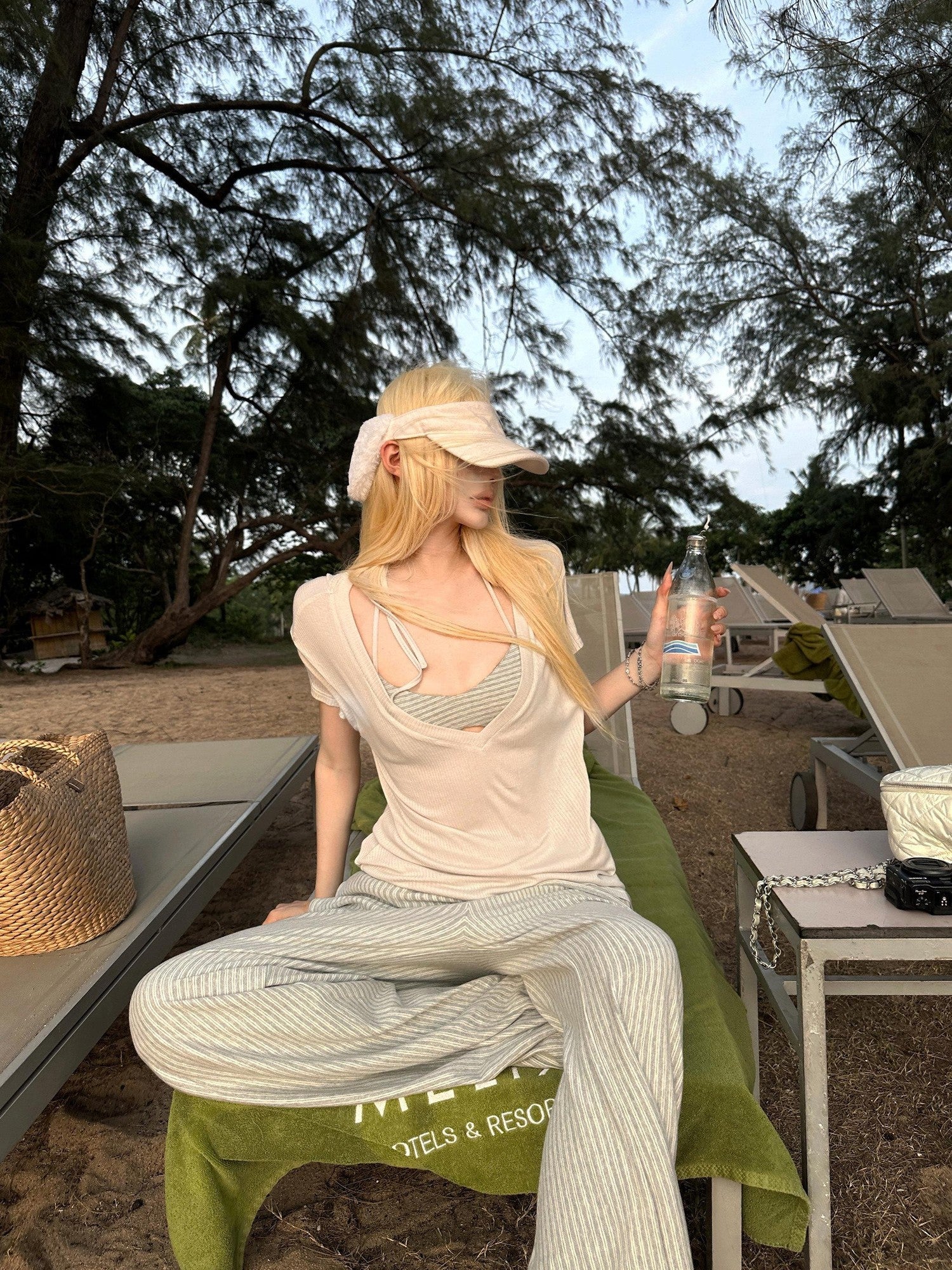 Rase le sol Sunlit Coast V-neck Loose Two Piece Cami Set Women's Short Sleeve T-shirts