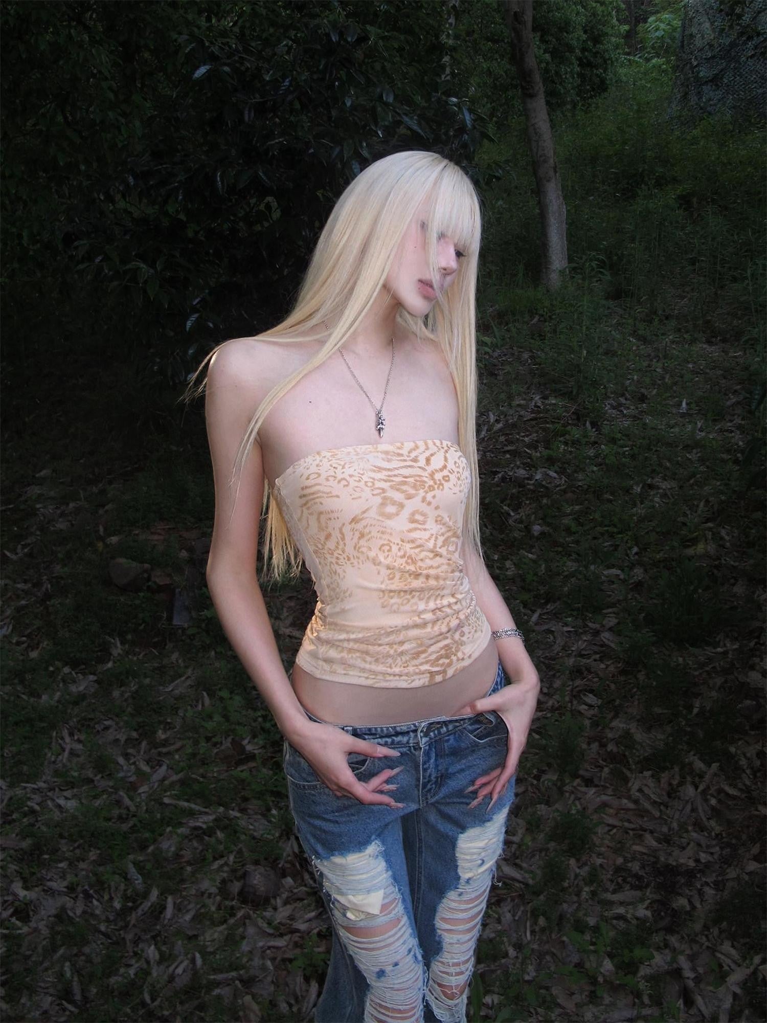 Rase le sol Sweetheart Velvet Flocked Tulle Leopard Print Women's Tube Tops