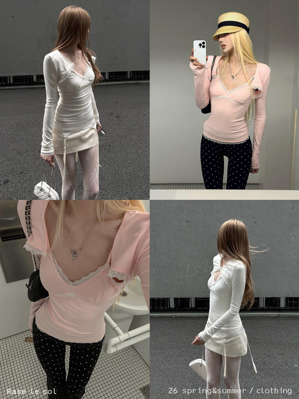 Rase le sol Twin Swan Lace Trim Faux Layered Slim Fit Women's Long Sleeve T-shirts
