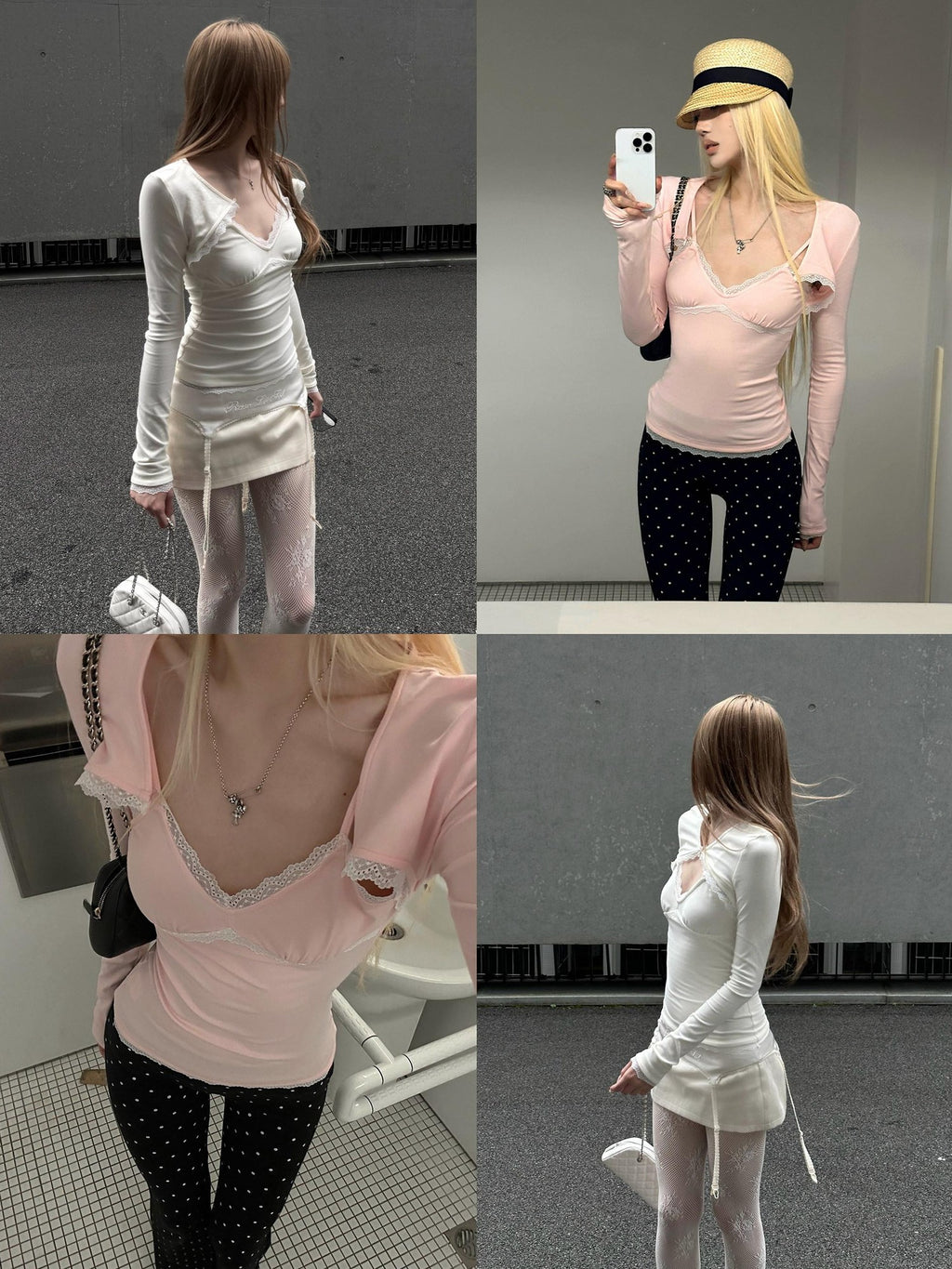 Rase le sol Twin Swan Lace Trim Faux Layered Slim Fit Women's Long Sleeve T-shirts