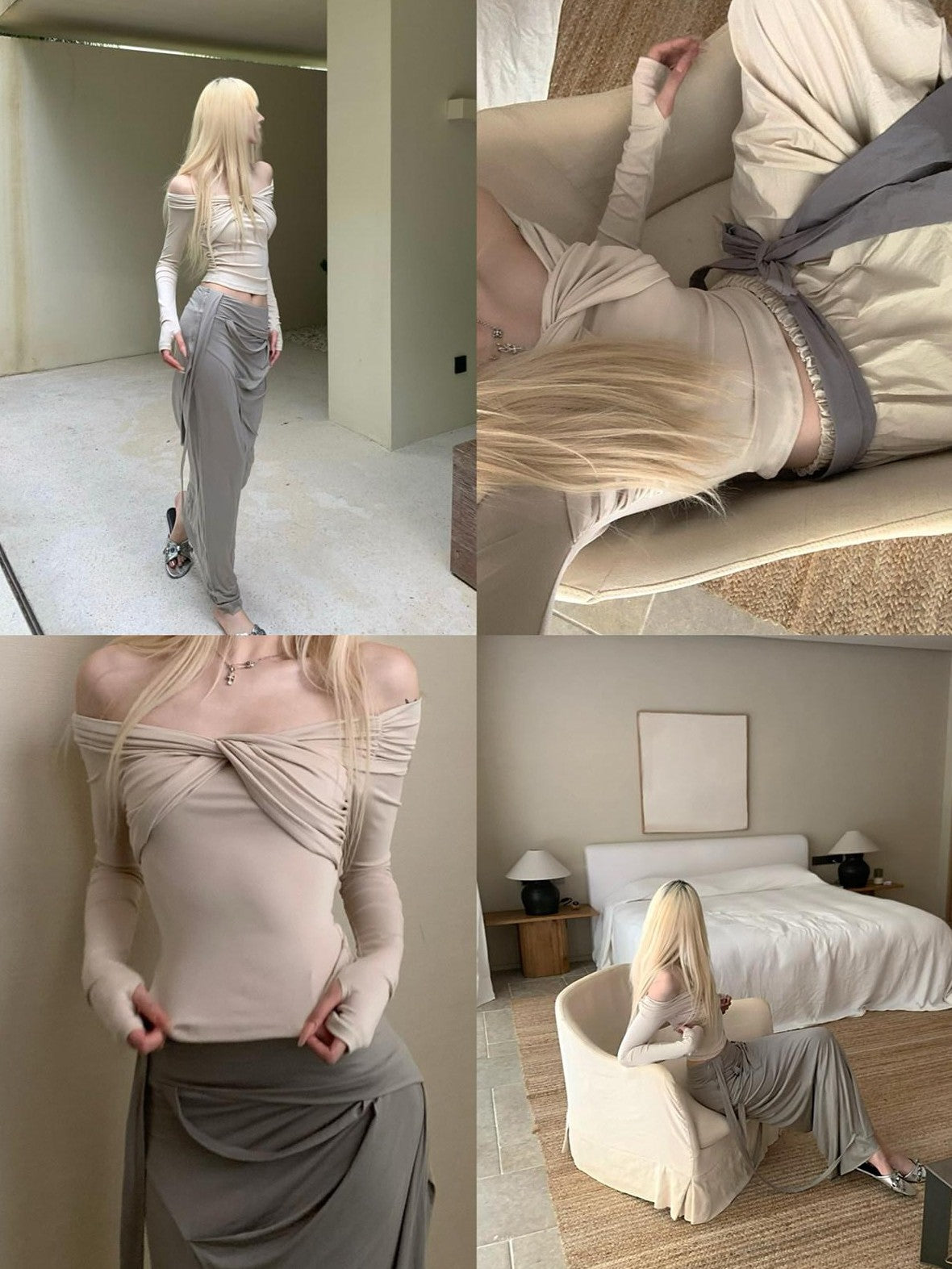 Rase le sol Twist Knot Off Shoulder Waist Cinched Cropped Women's Long Sleeve T-shirts