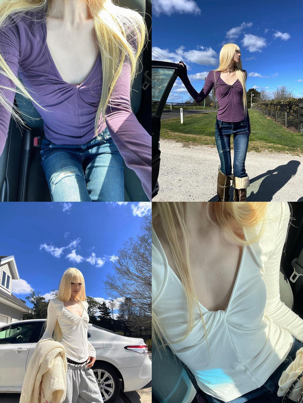 Rase le sol Two Tone Twisted V-neck Slim Fit Viscose Women's Long Sleeve T-shirts