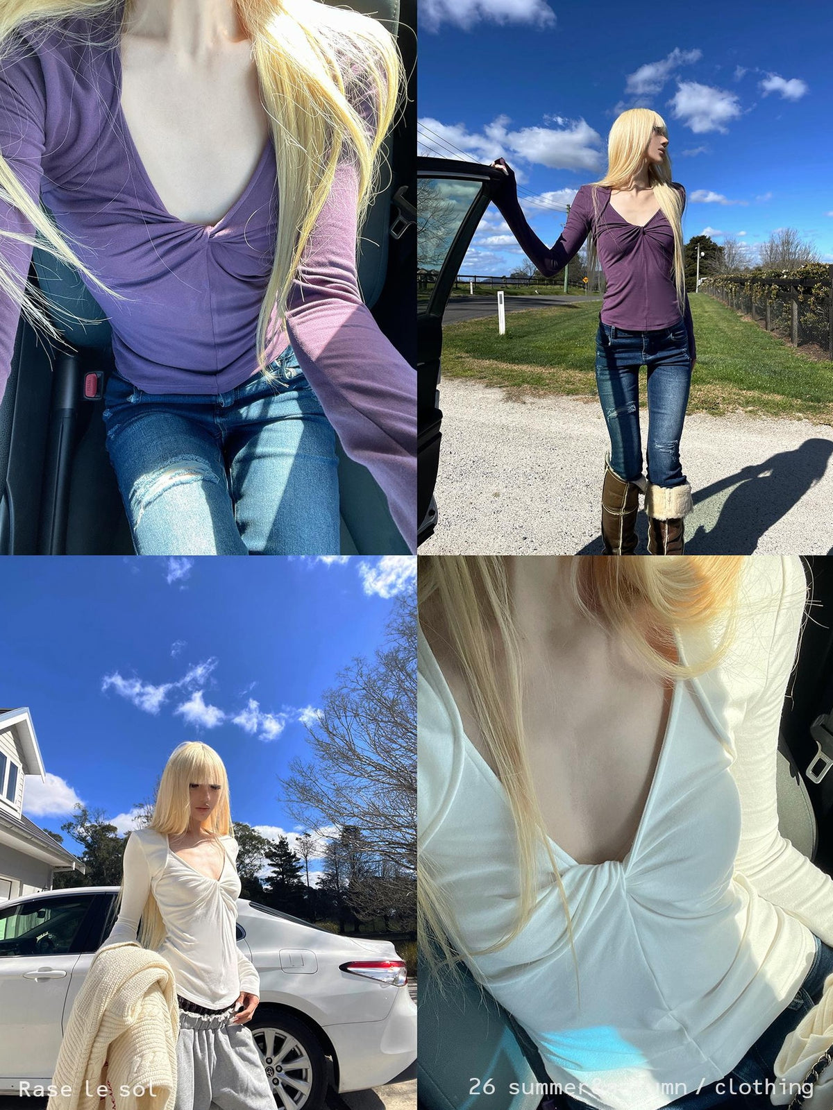 Rase le sol Two Tone Twisted V-neck Slim Fit Viscose Women's Long Sleeve T-shirts