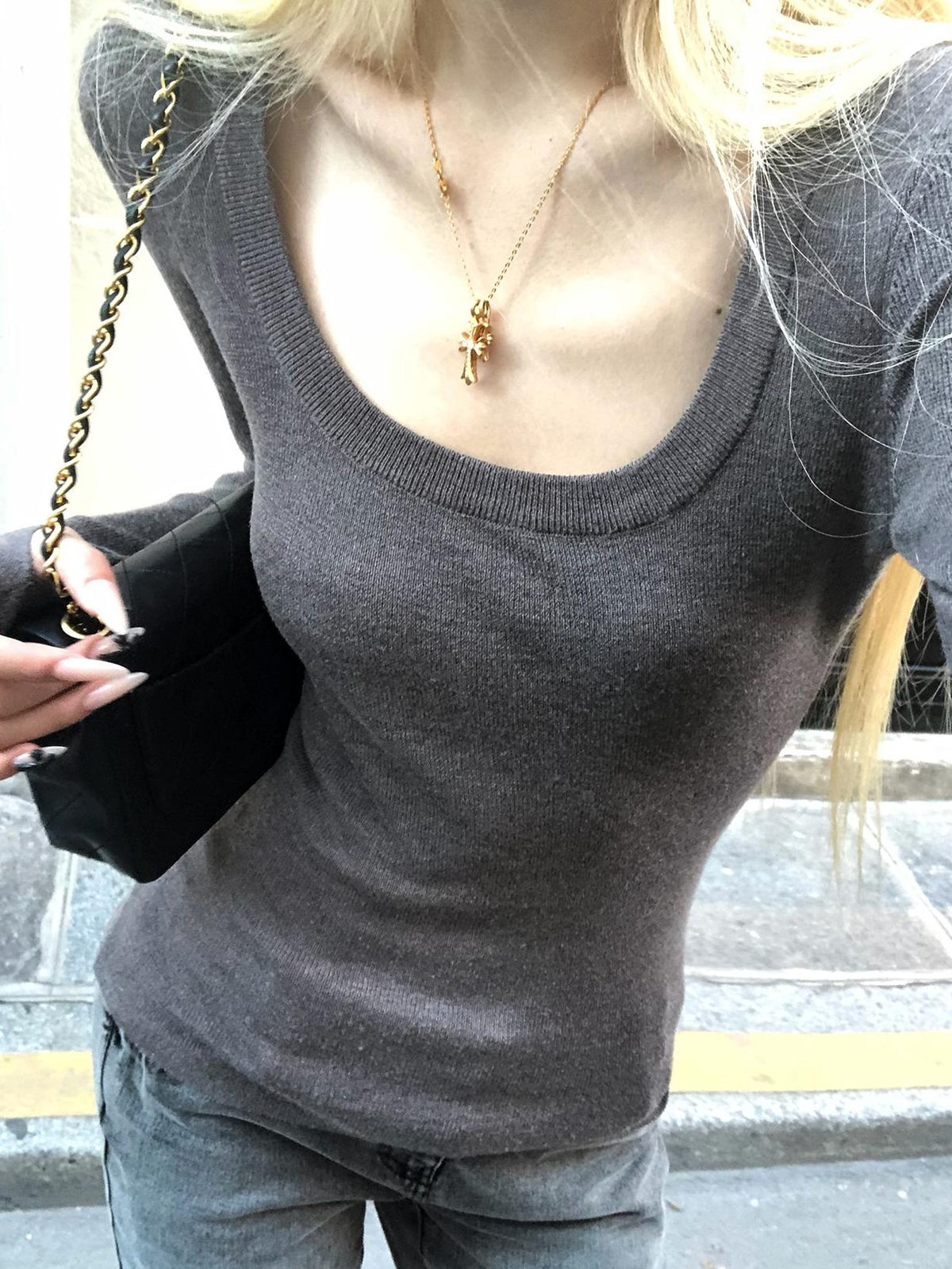 Rase le sol U Neck Slim Fit Soft Knit Long Sleeve Women's Polyester Sweaters