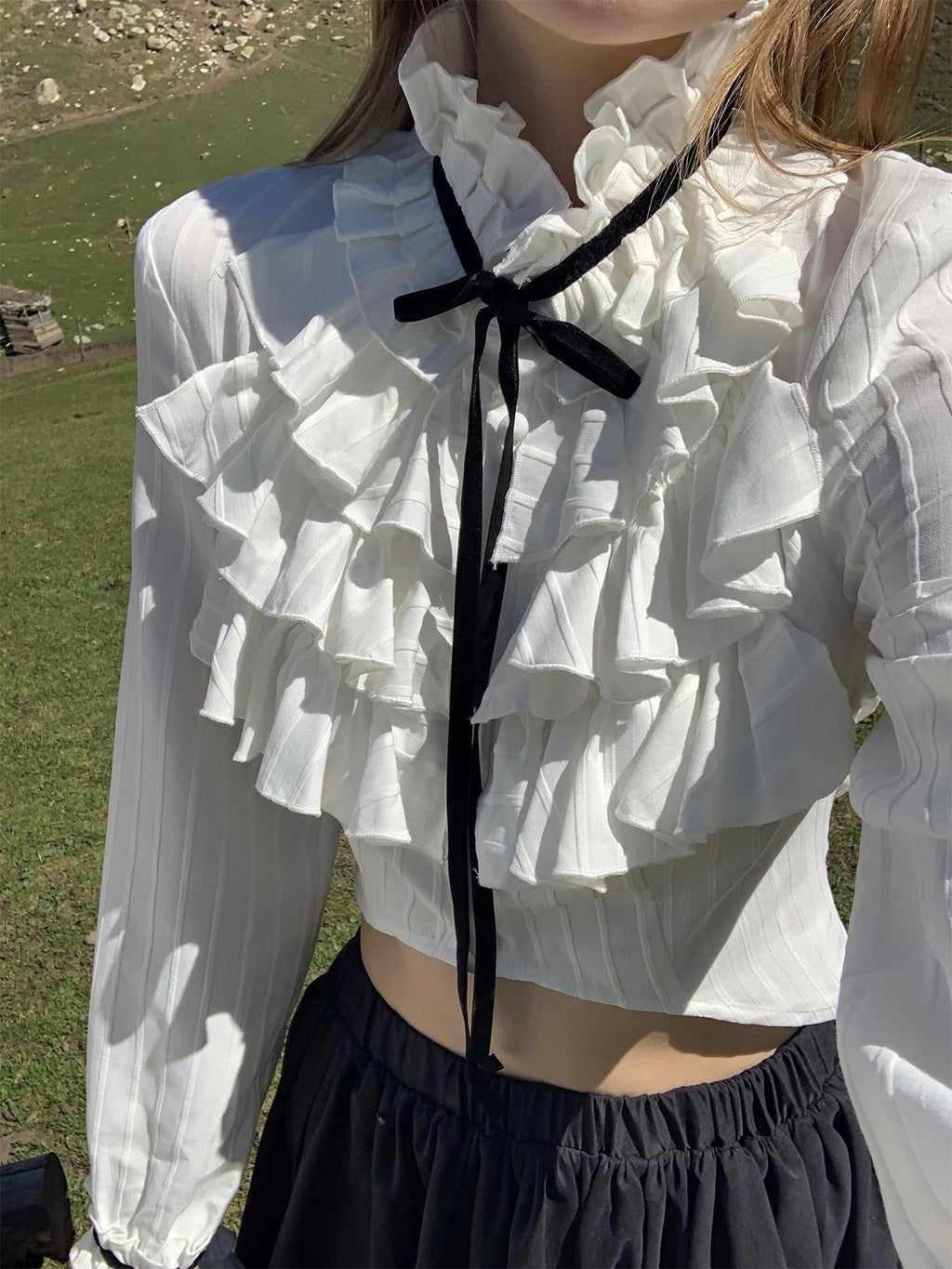 Rase le sol Velvet Court Style Long Sleeve Cropped Women's Polyester Blouses