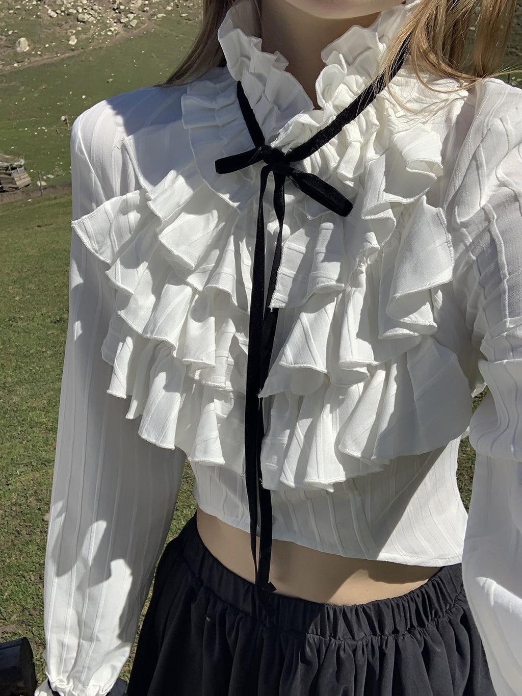 Rase le sol Velvet Court Style Long Sleeve Cropped Women's Polyester Blouses