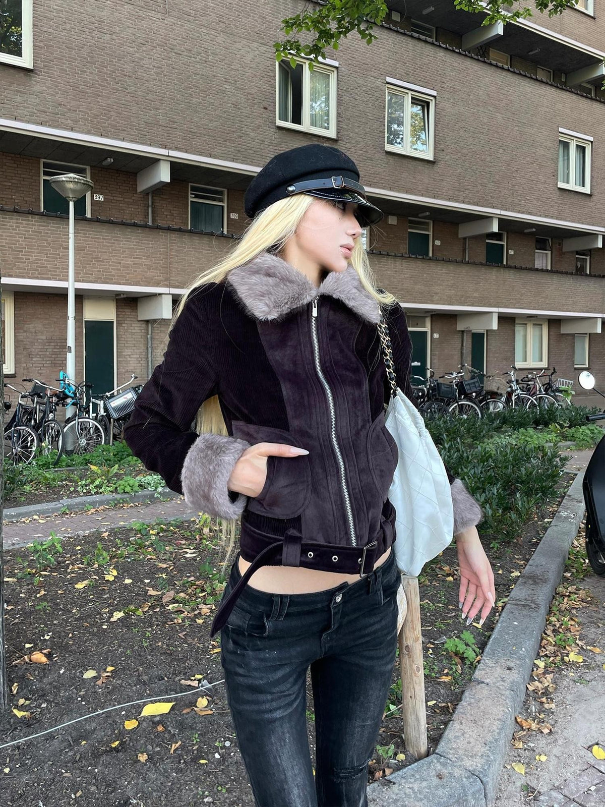 Rase le sol Vintage Fleece Corduroy Faux Fur Collar Quilted Slim Women's Polyester Casual Jackets