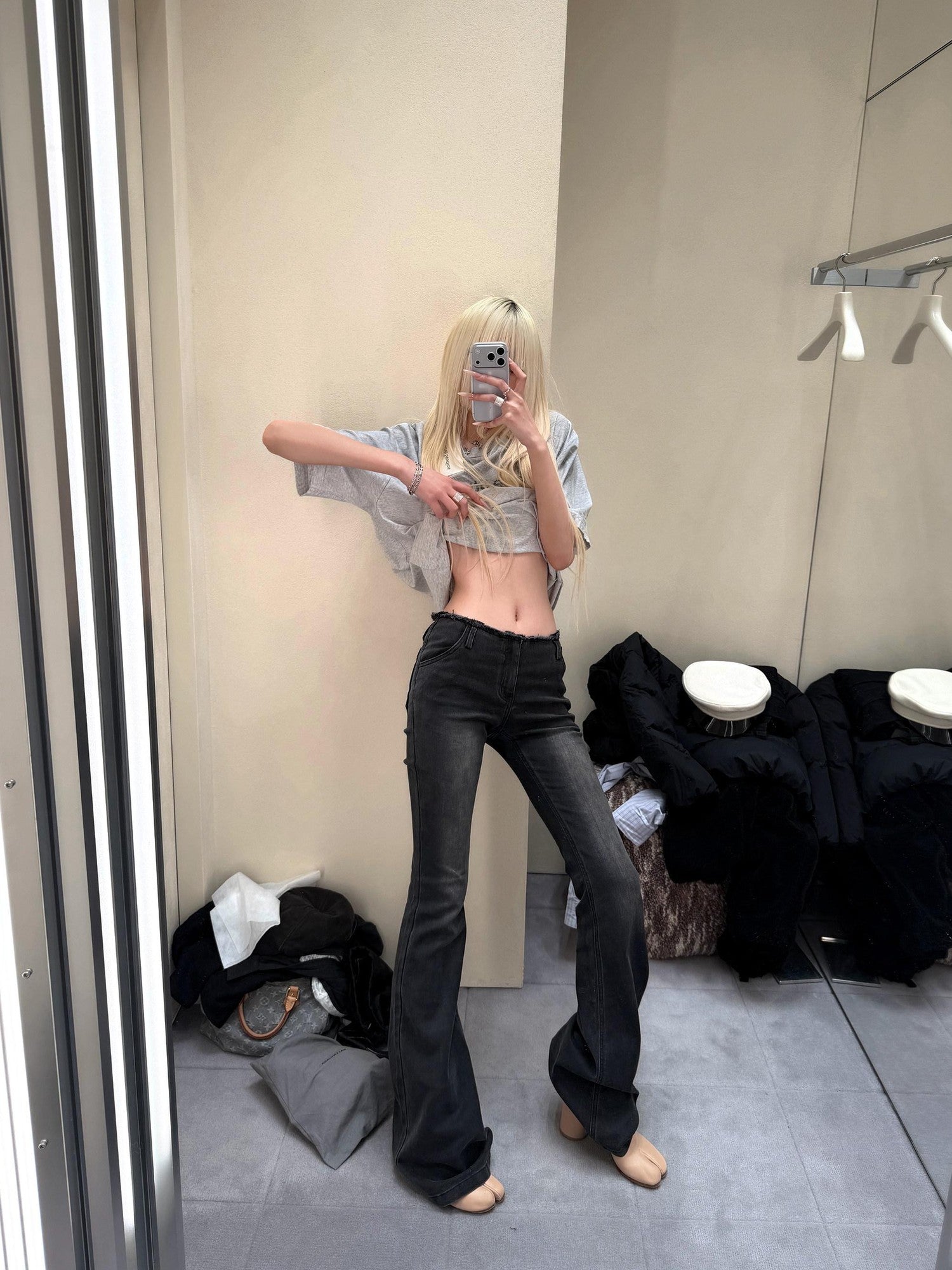 Rase le sol Vintage Gray Slim Low Waist Micro Flare Women's Denim Bootcut Jeans