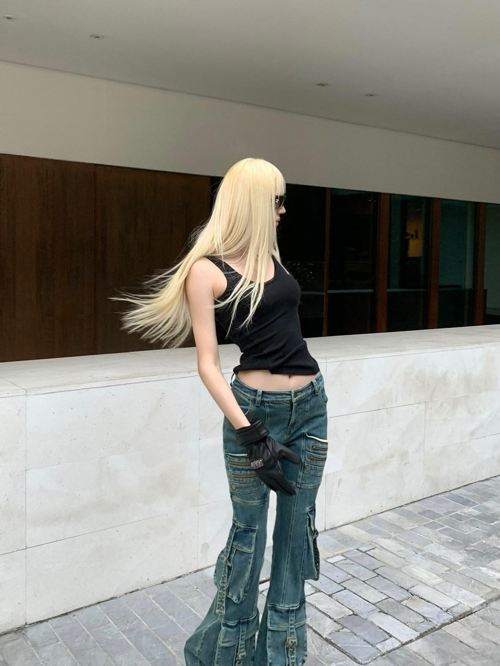 Rase le sol Vintage Multi Pocket Low Rise Cargo Women's Denim Bootcut Jeans