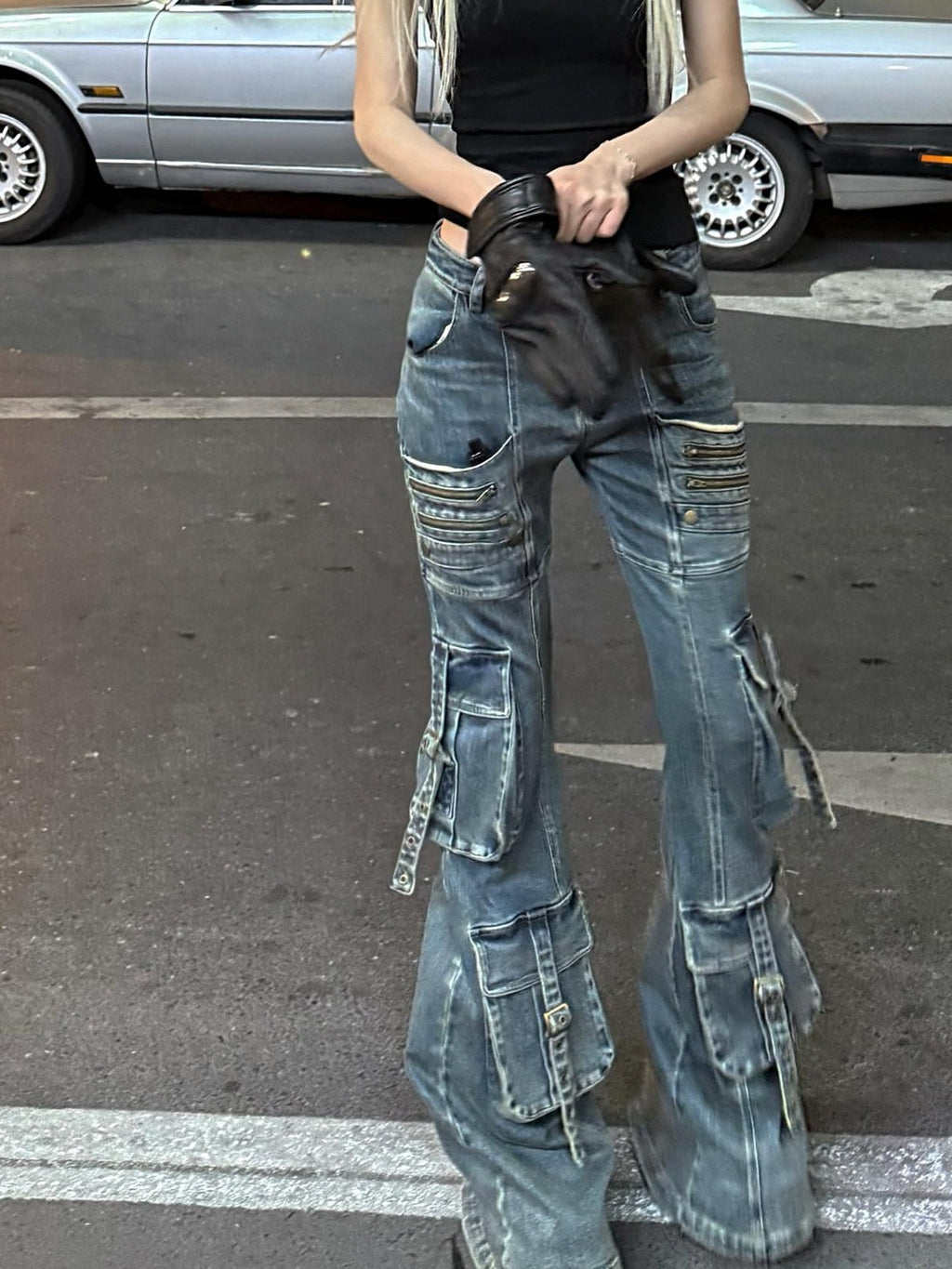 Rase le sol Vintage Multi Pocket Low Rise Cargo Women's Denim Bootcut Jeans