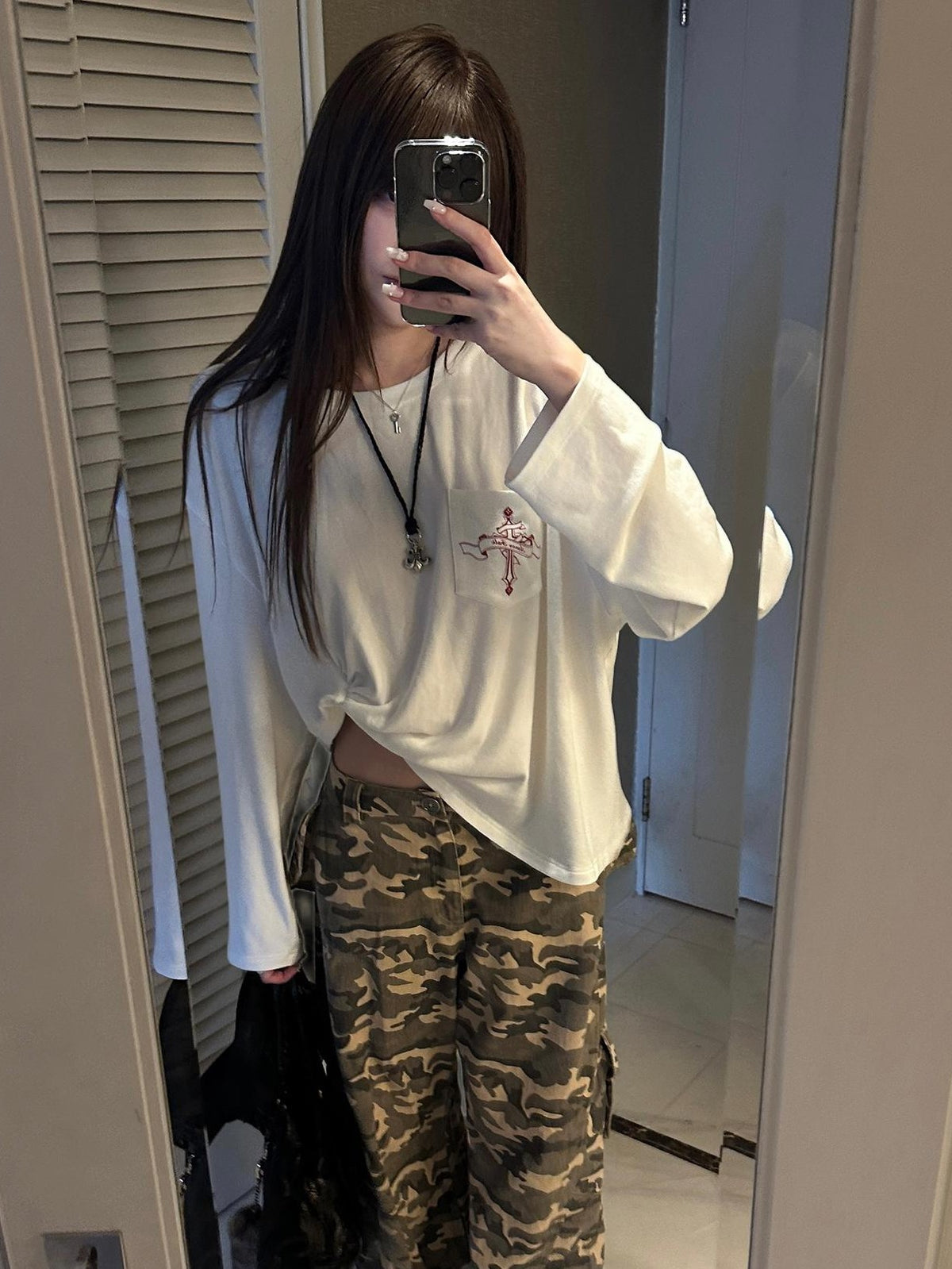Rase le sol Vintage Washed Camo Low Rise Cotton Women's Wide-leg Pants