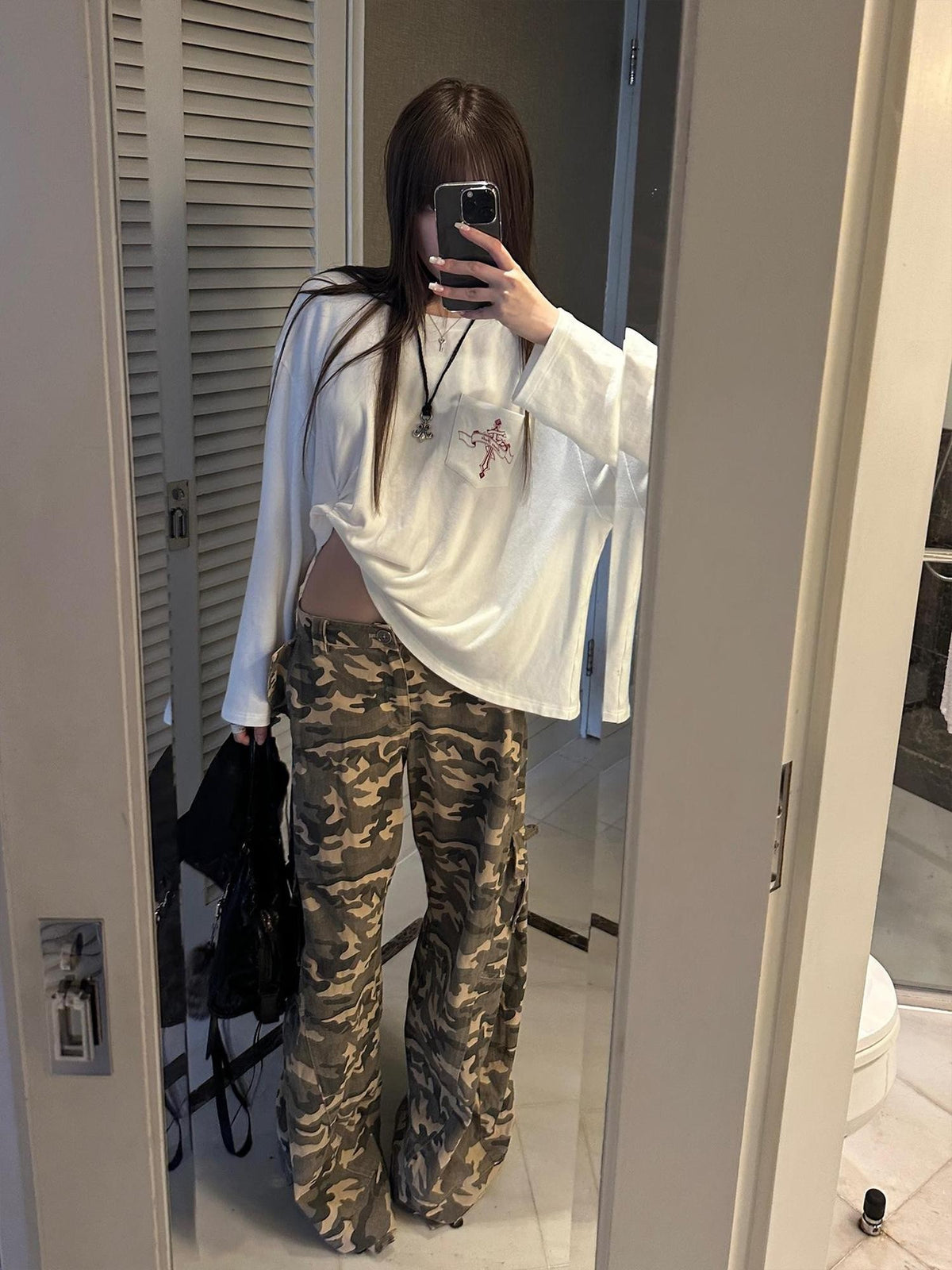 Rase le sol Vintage Washed Camo Low Rise Cotton Women's Wide-leg Pants