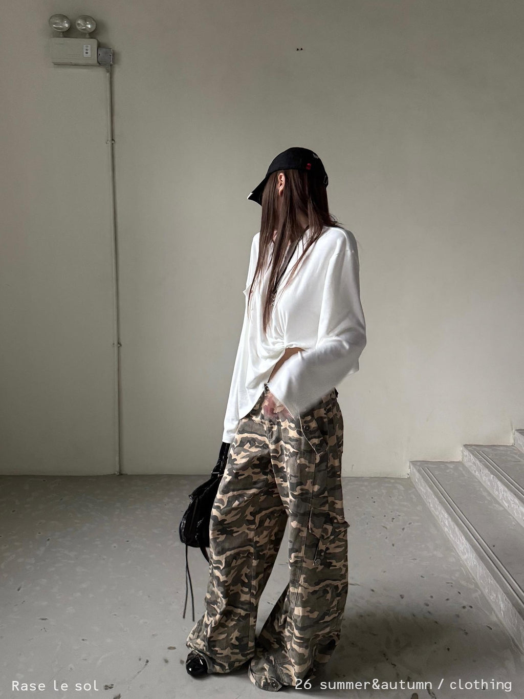 Rase le sol Vintage Washed Camo Low Rise Cotton Women's Wide-leg Pants