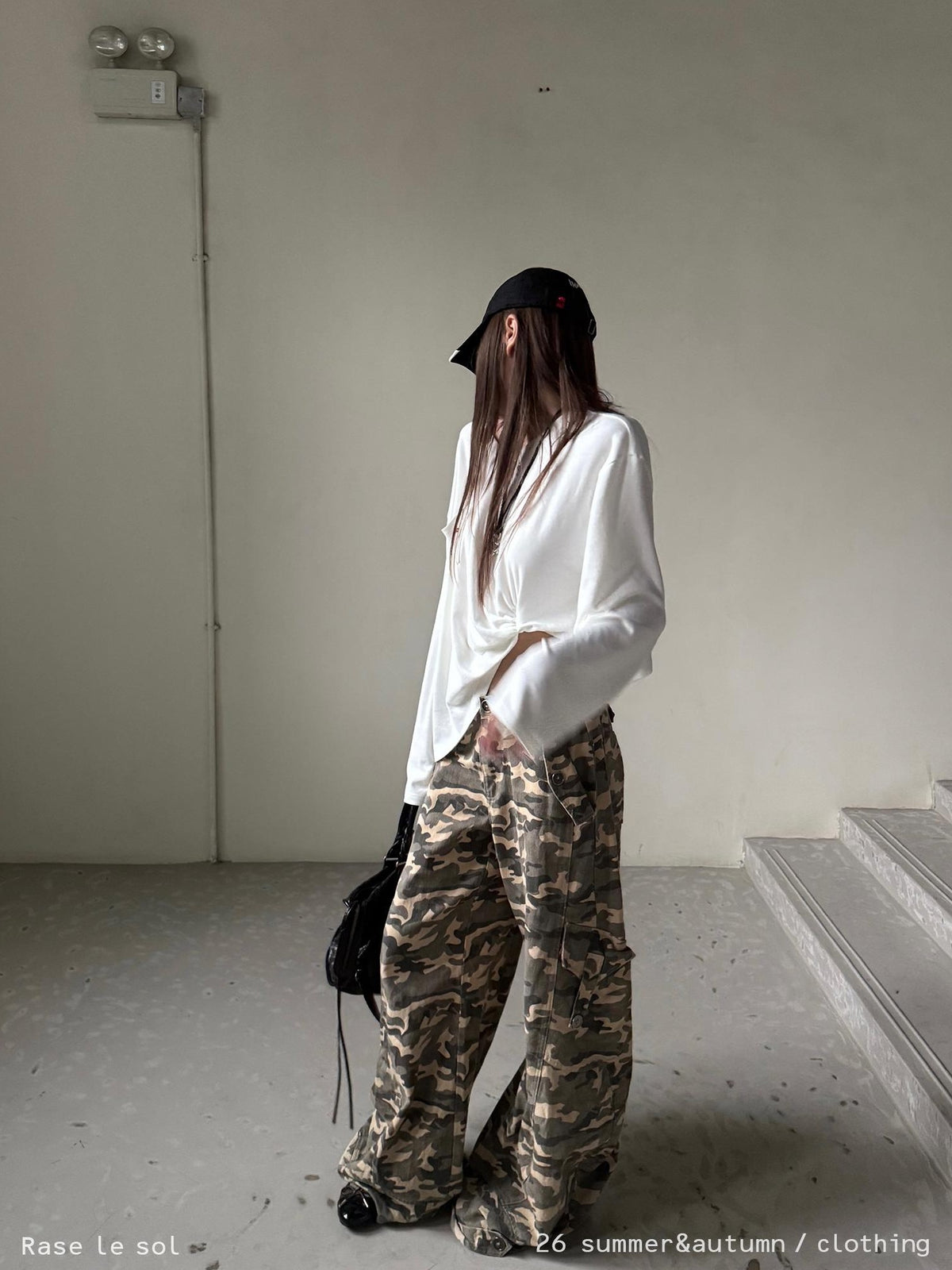 Rase le sol Vintage Washed Camo Low Rise Cotton Women's Wide-leg Pants