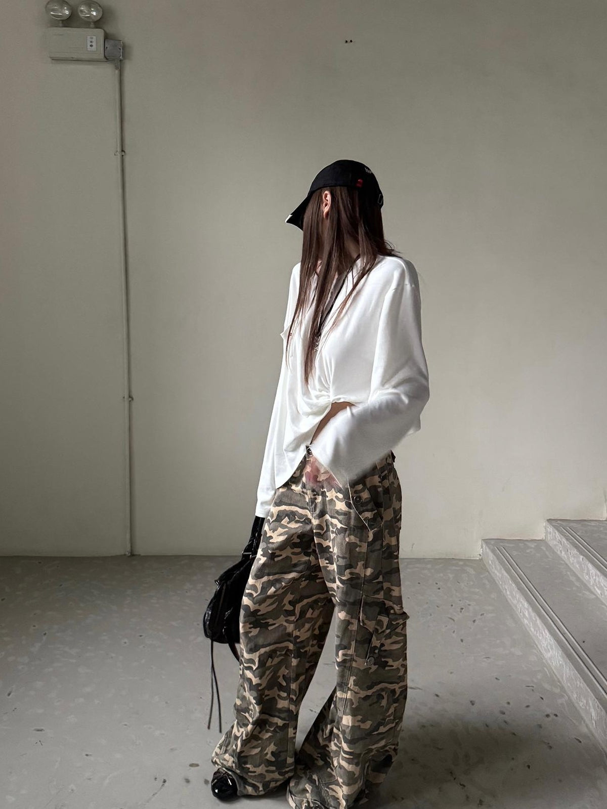 Rase le sol Vintage Washed Camo Low Rise Cotton Women's Wide-leg Pants