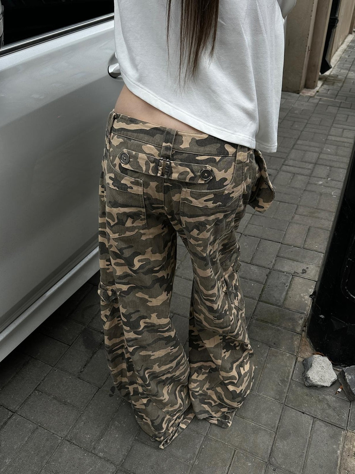 Rase le sol Vintage Washed Camo Low Rise Cotton Women's Wide-leg Pants