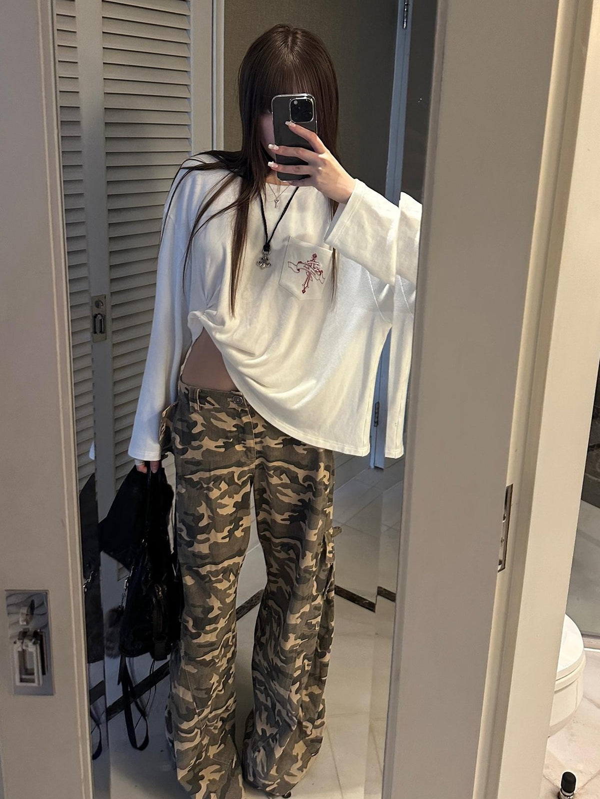 Rase le sol Vintage Washed Camo Low Rise Cotton Women's Wide-leg Pants