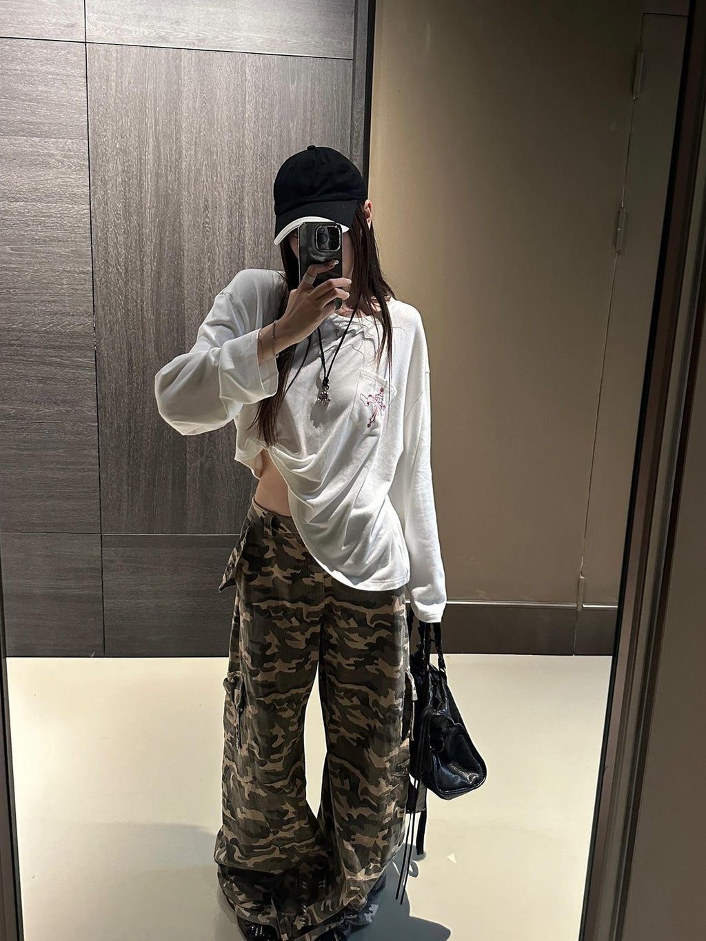 Rase le sol Vintage Washed Camo Low Rise Cotton Women's Wide-leg Pants
