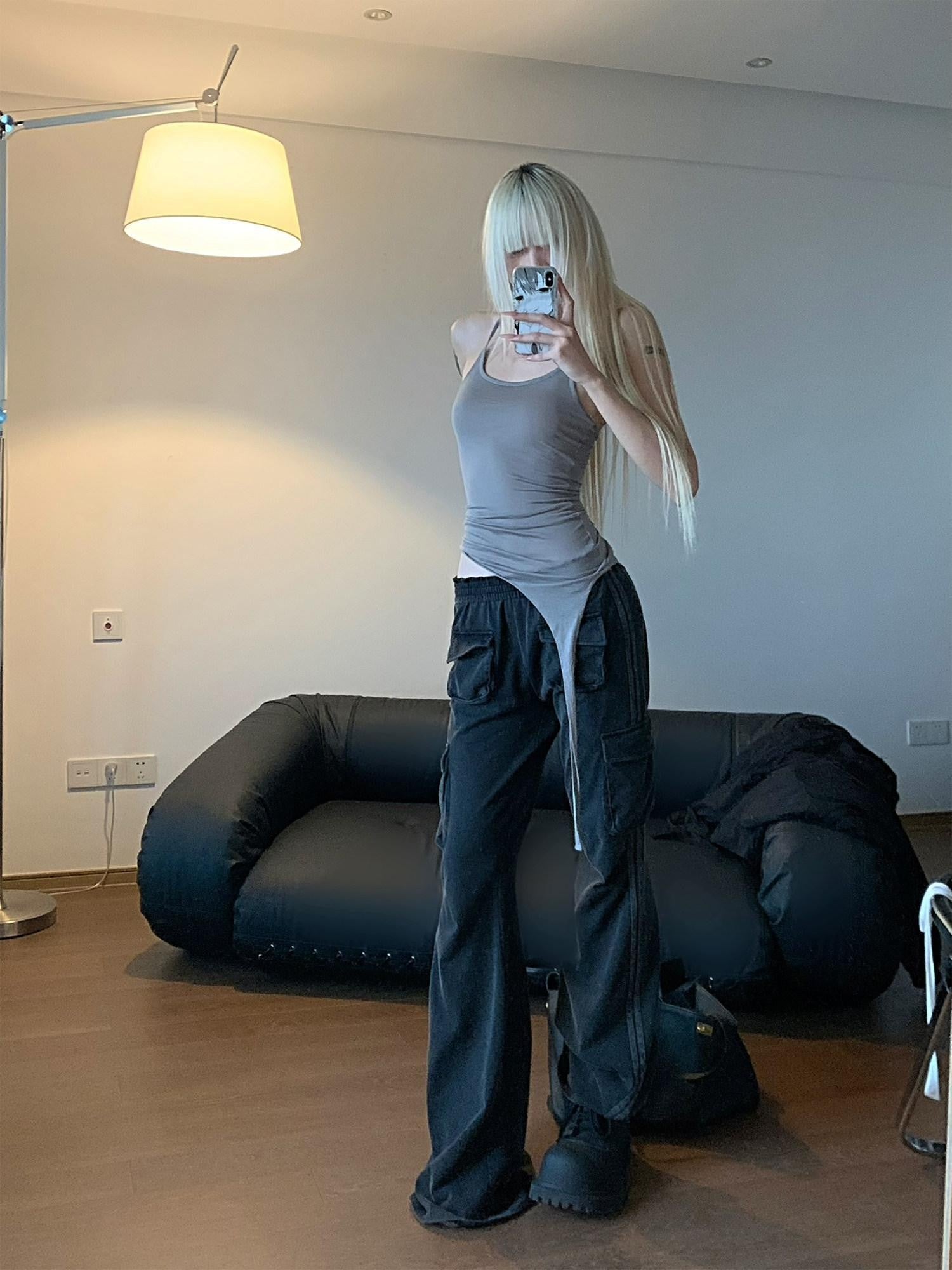 Rase le sol Washed Black American Utility Cargo Slight Flare Women's Straight-leg Pants