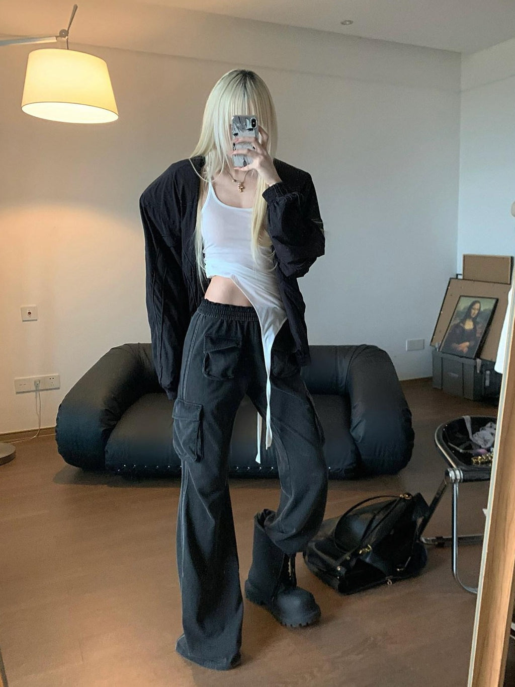 Rase le sol Washed Black American Utility Cargo Slight Flare Women's Straight-leg Pants