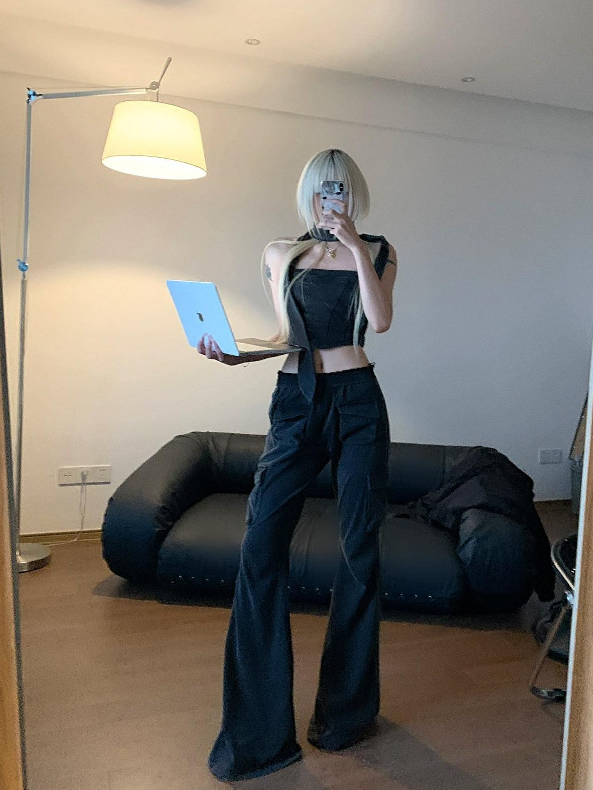 Rase le sol Washed Black American Utility Cargo Slight Flare Women's Straight-leg Pants