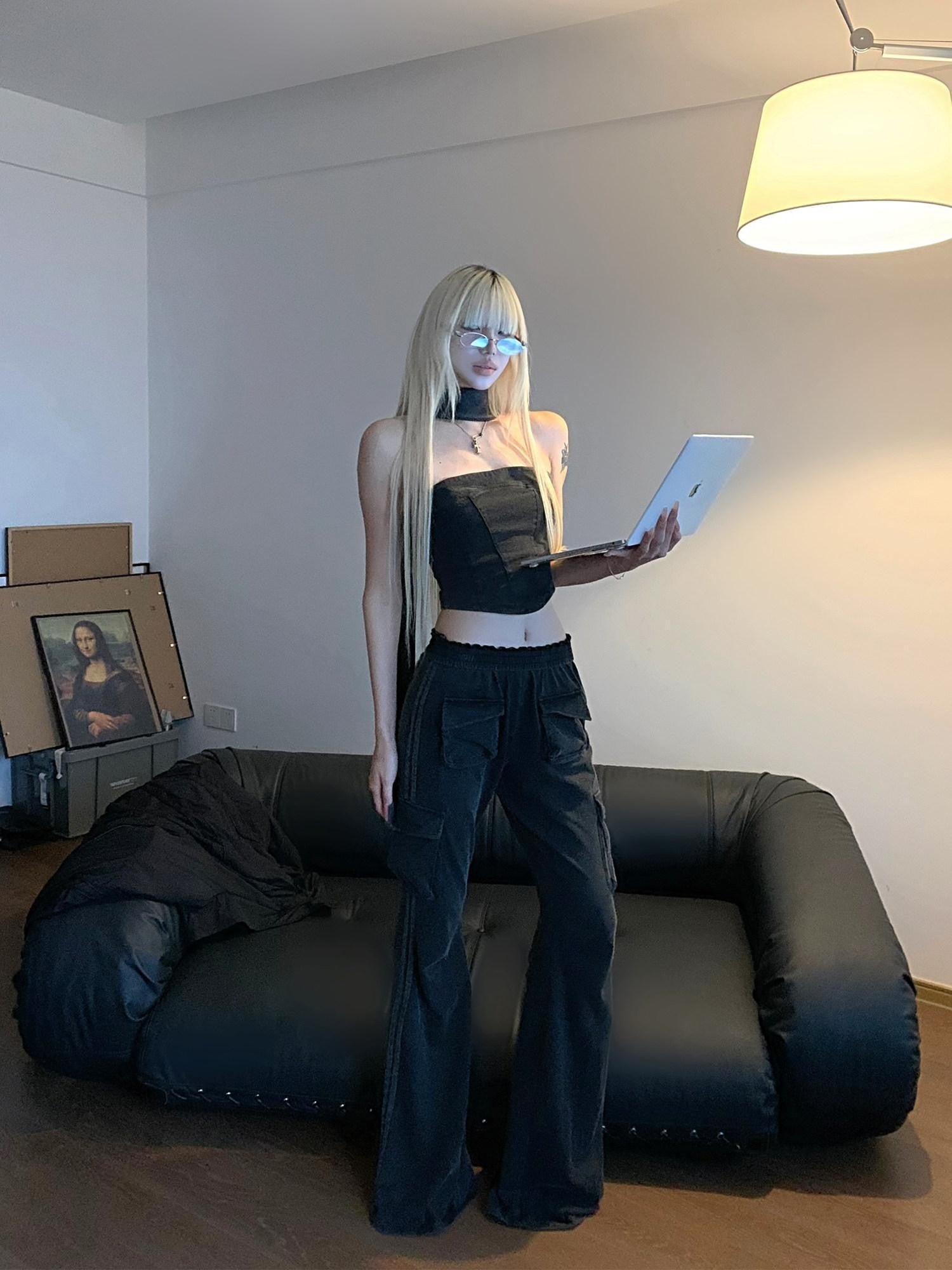 Rase le sol Washed Black American Utility Cargo Slight Flare Women's Straight-leg Pants